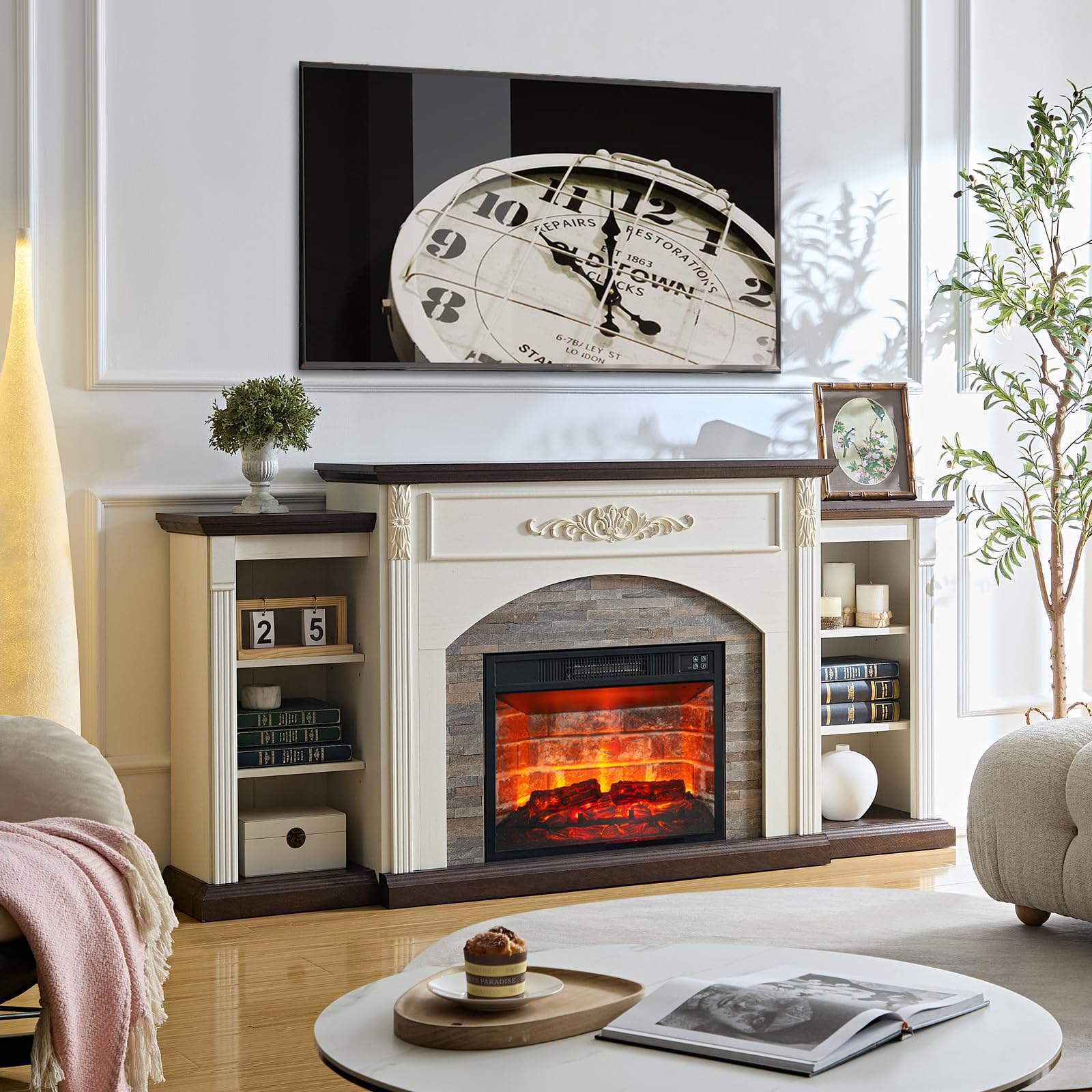 Antique White Electric Fireplace with Mantel and Storage
