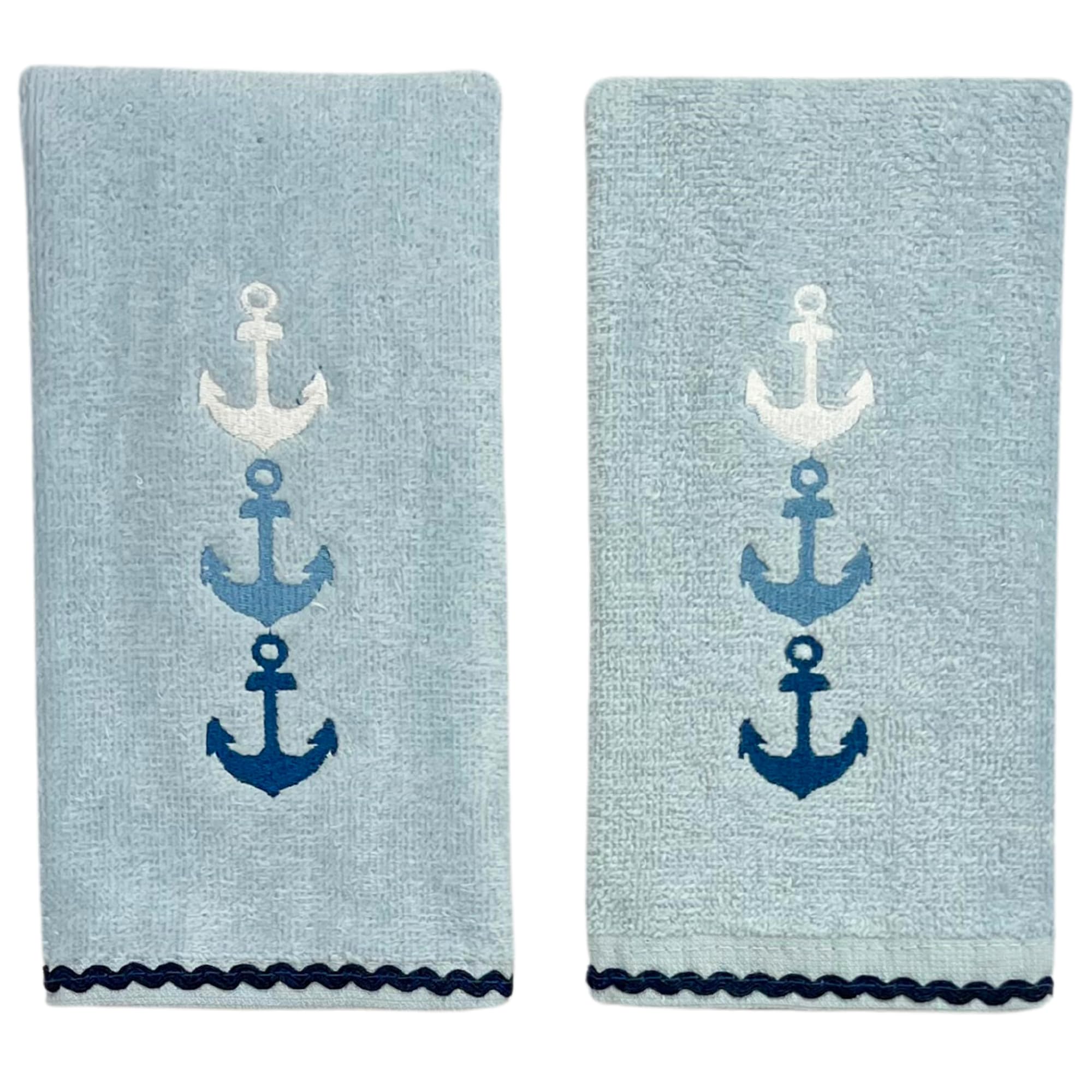 Serafina Home Coastal Nautical Bathroom Fingertip Towels - Set of 2 100% Cotton Light Blue Embroidered Trio of Anchors Design- 18 x 12 Summer Bath &