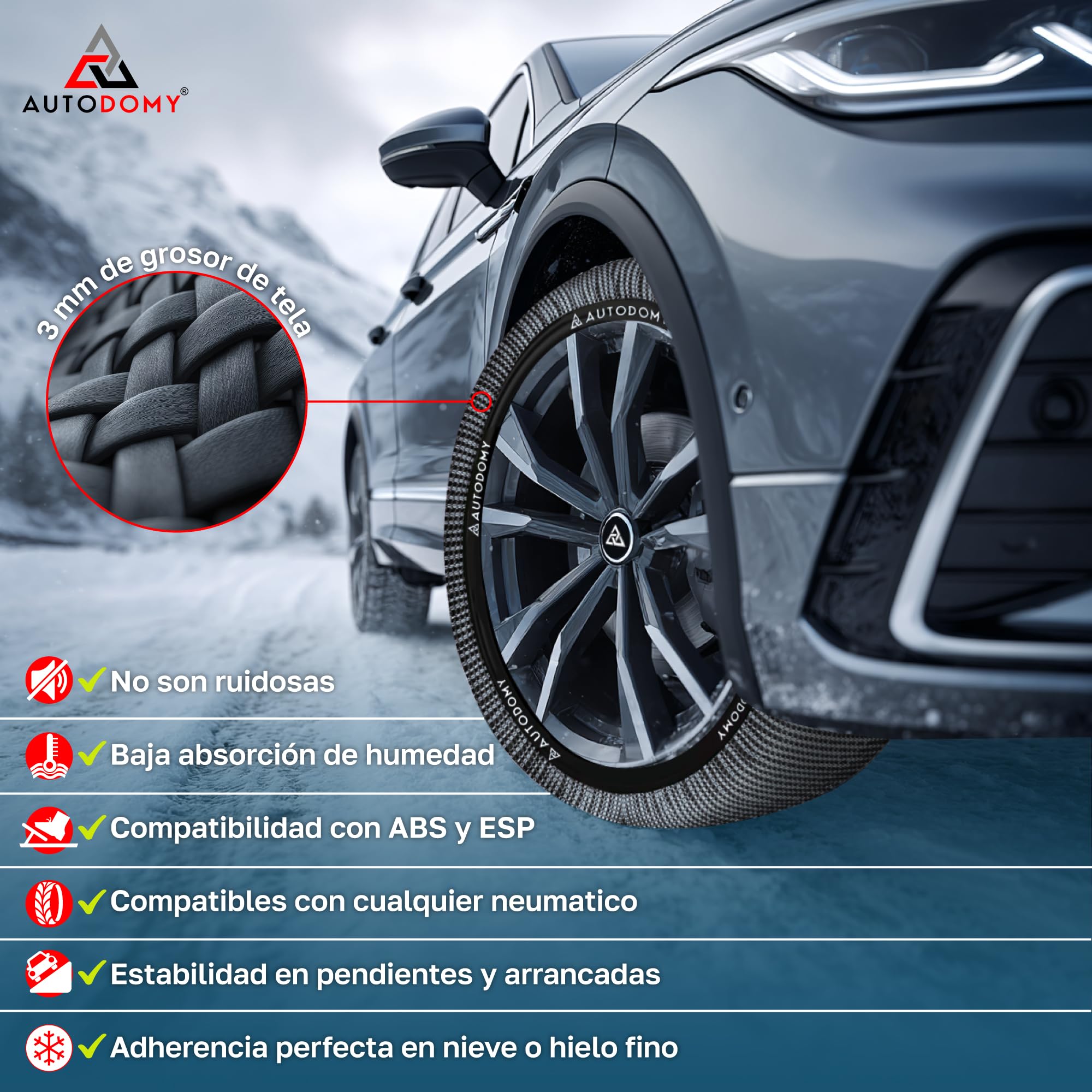 Autodomy Cadenas Textil Nieve Talla L Compatible con Cualquier Neumatico | Fundas Ruedas Nieve No Dañan el Neumático | Cadena Textil Coche Homologadas Rápido de Instalar sin Herramientas