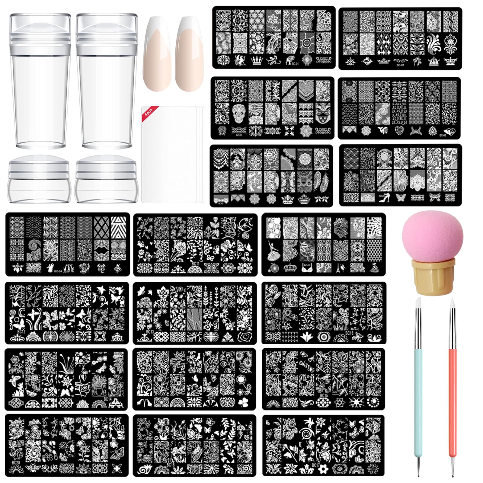 TYXHXTF Pack Of 14 French Nail Stamp Kit,Nail Art Stamping Templates Manicure Tool Kit,Nail Art Jelly Stamper With Silicone Cushion,Nail Stamp,Gel Nail Polish Set For Diy Nail Art Designs