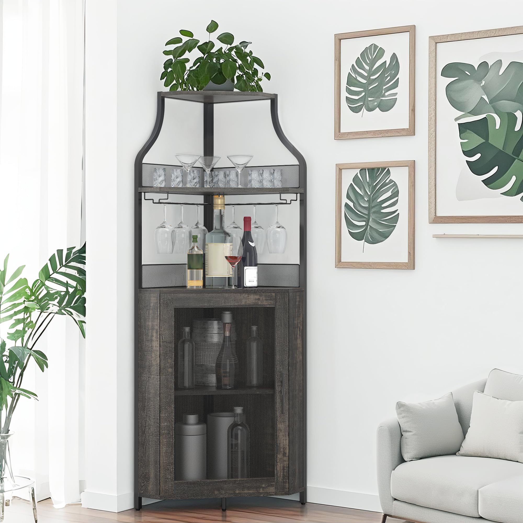 Garvee Eck-Weinbar-Schrank Mit Großem Stauraum Und Abnehmbarem Weinregal, Kaffeebar Mit Glasaufbewahrung Und Gittertür, 4-Stufiger Getränkeschrank Für Bar- Und Weinlagerung.