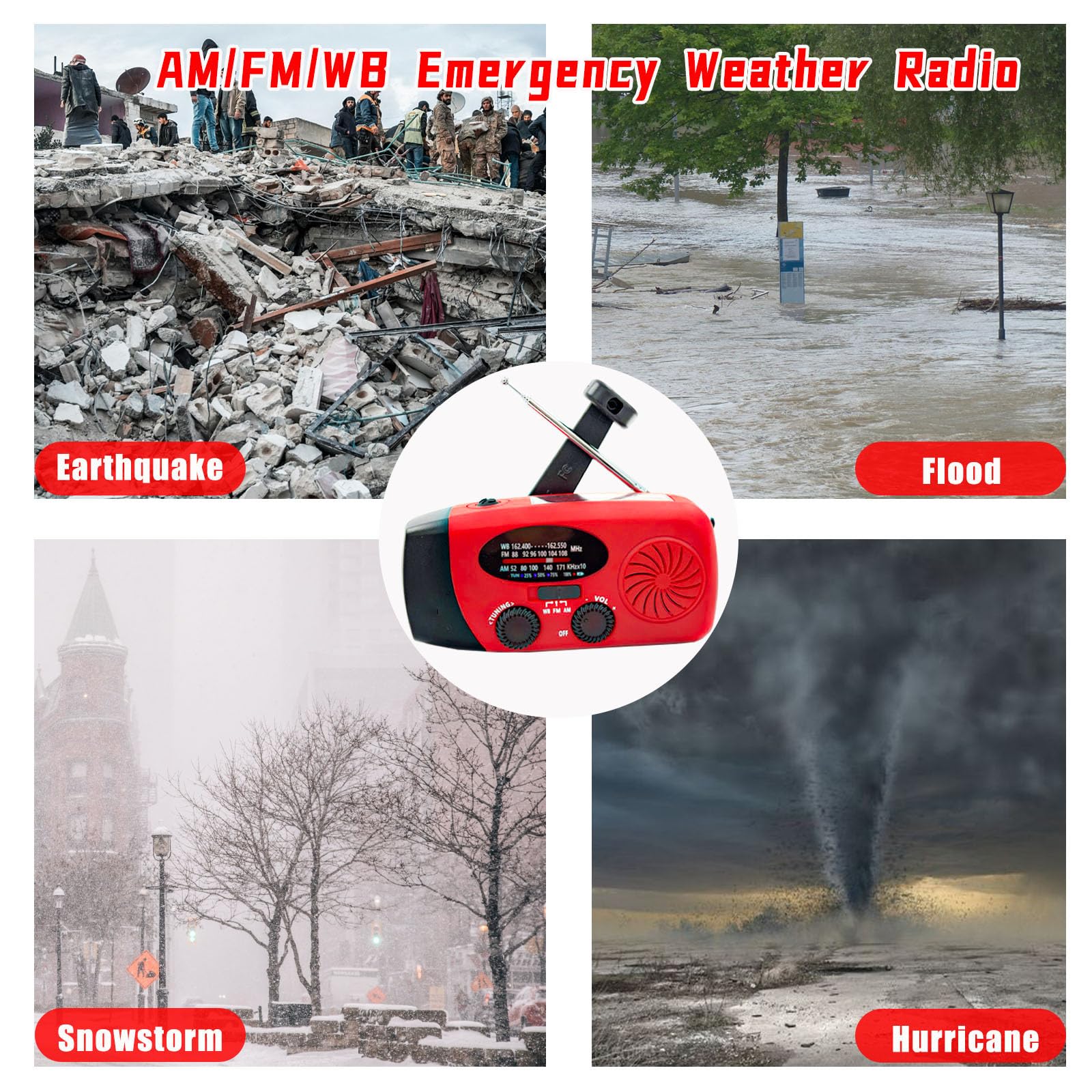 Radio di Emergenza Portatile 2000 mAh con Pannello Solare SOS, AM/FM/NOAA WB, Torcia a Manovella