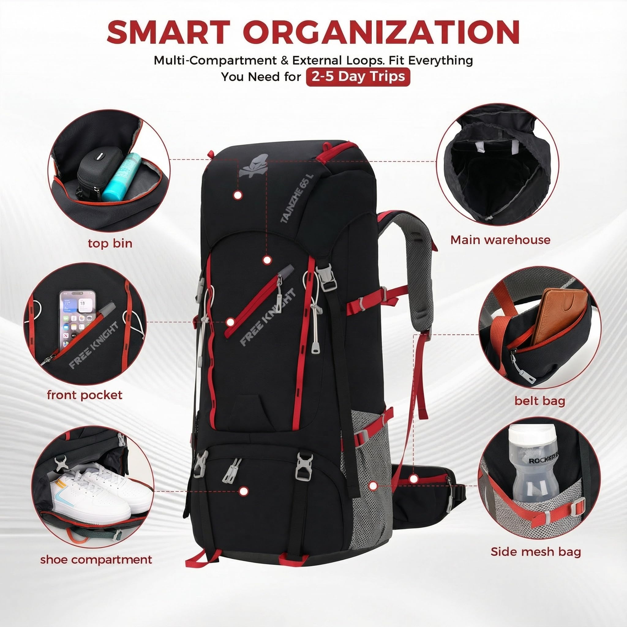 Bseash 65L Wasserdichter Wanderrucksack mit Regenschutz, Outdoor-Sport, Reisen, Tagesrucksack für Klettern, Touren
