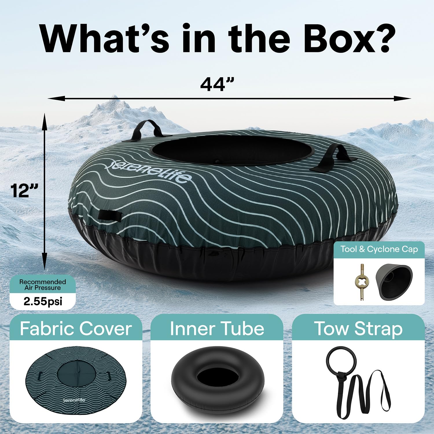 SereneLife Slitta da Neve, Slittino da Neve 112 cm, per Tutte le Età, in Discesa per Sport Invernali, Tubo in Gomma, Rivestimento Oxford, Fondo PVC Rinforzato e Cinghia di Traino
