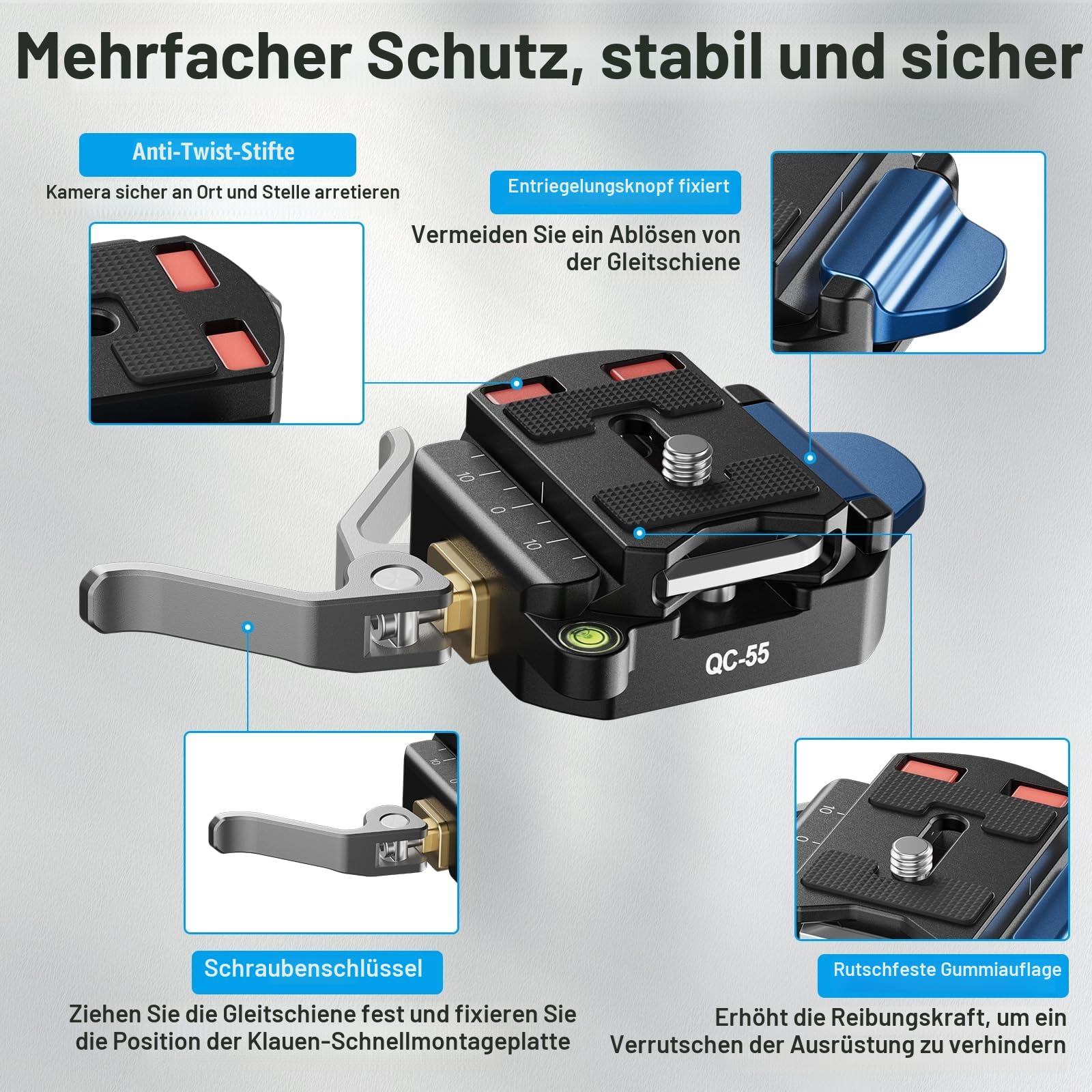 SIRUI 55mm Schnellwechselplatte für arca Swiss und Klemm-Basis-Set, Kamerahalterungsadapter mit 1/4 Zoll und 3/8 Zoll Gewinde für Stativ, Monopod, DSLR-Stabilisator, QC-55