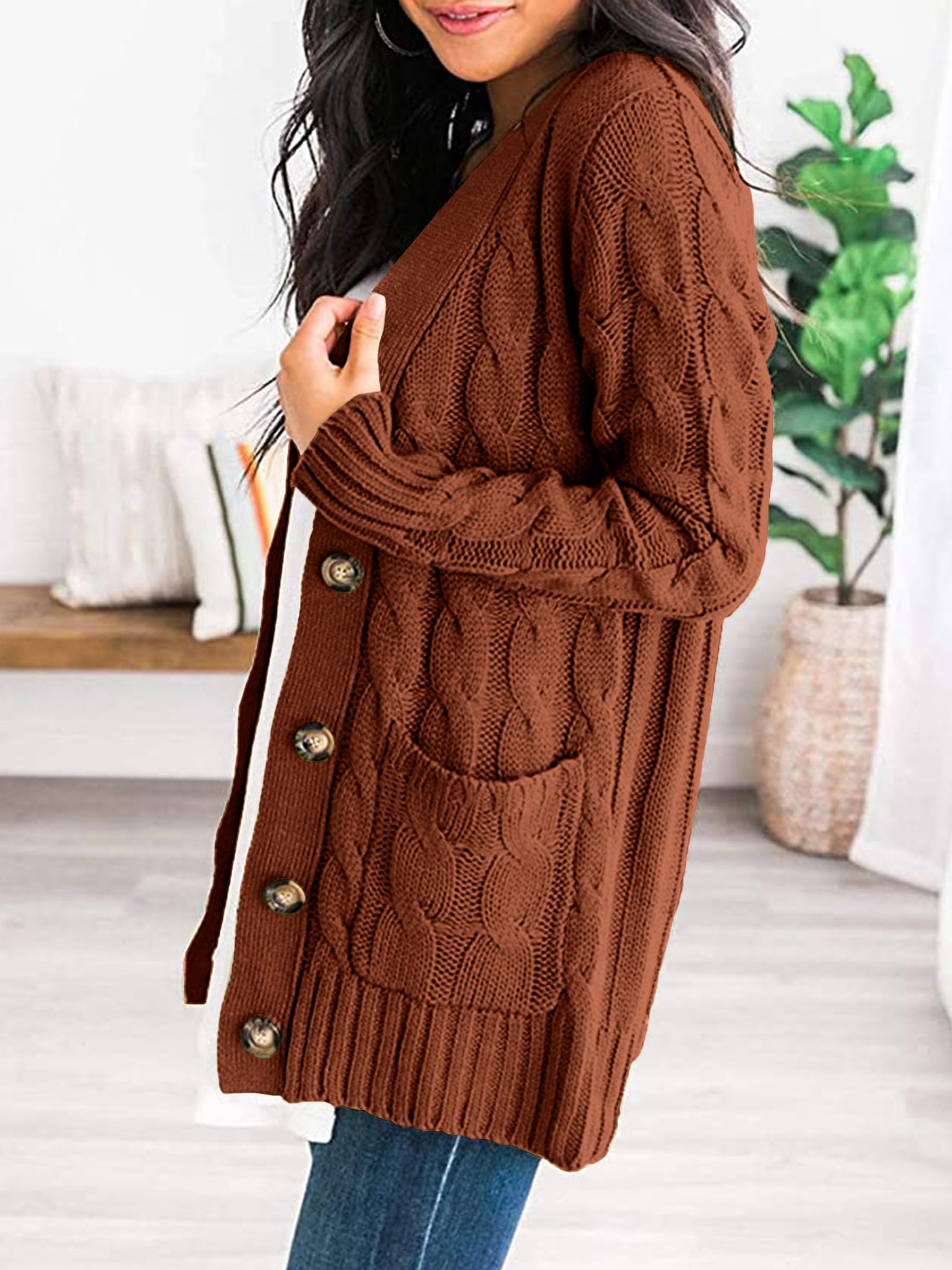 Uusollecy Damen Cardigan Langarm Strickjacke Herbst Winter Casual Strickcardigan Open Front Sweater mit Knopf S-XXL