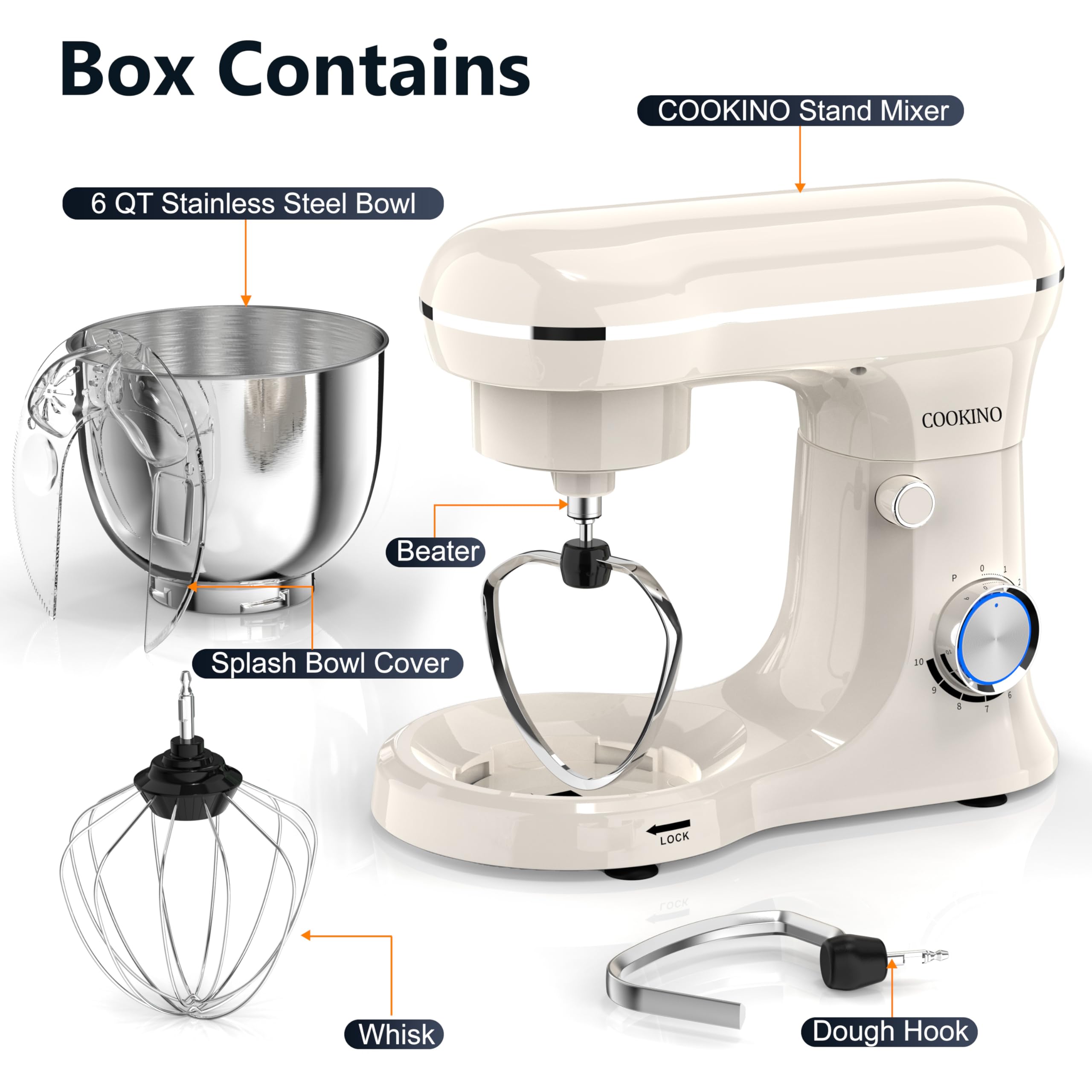 Electric Stand Mixer,10 Speeds Tilt-Head Food Mixer, 3-IN-1 Kitchen Mixer for Daily Cooks with Dishwasher-Safe 6QT Bowl,Dough Hook, Beater, Whisk (Almond Cream)