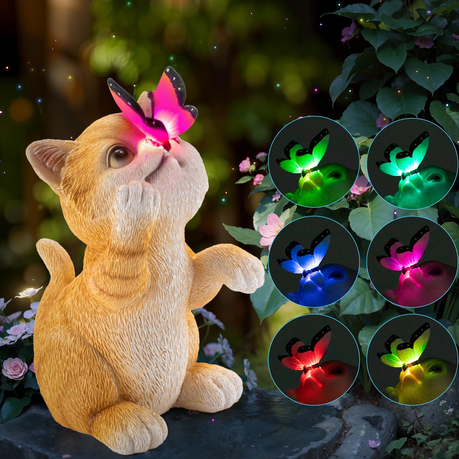 OWANVION Solar Cat Garden Statue, Resin Outdoor Statues with Butterfly Changing Light, Yard Art Lawn Ornaments for Patio Balcony Home Decor, Birthday Gifts for Grandma Mom Women