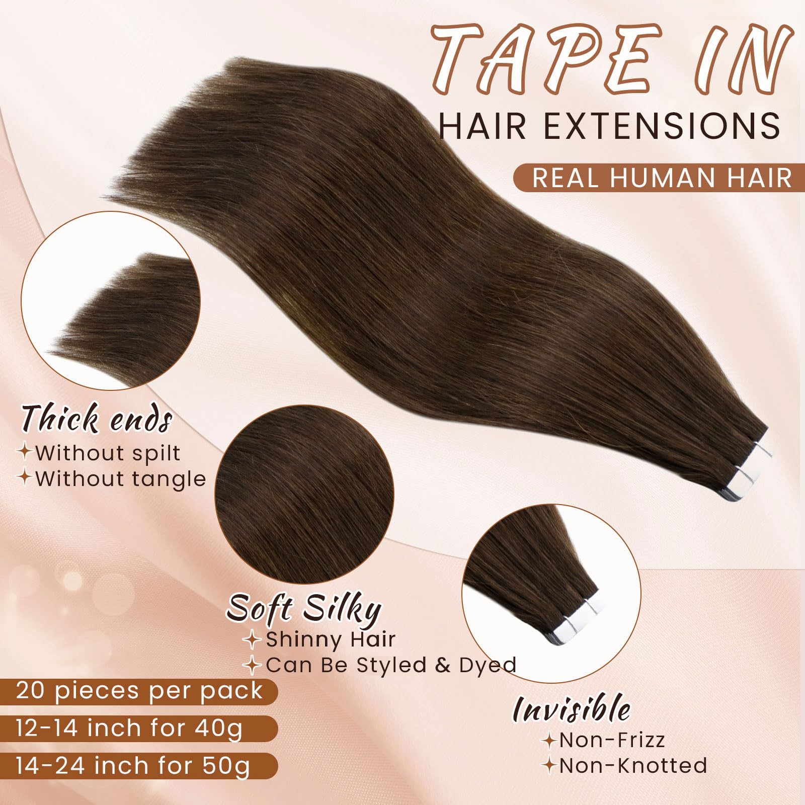 Hetto Tape in Hair Extensions Human Hair Brown 16 Inch, Invisible Tape Hair Extensions Real Human Hair Tape Ins Straight - Image 2