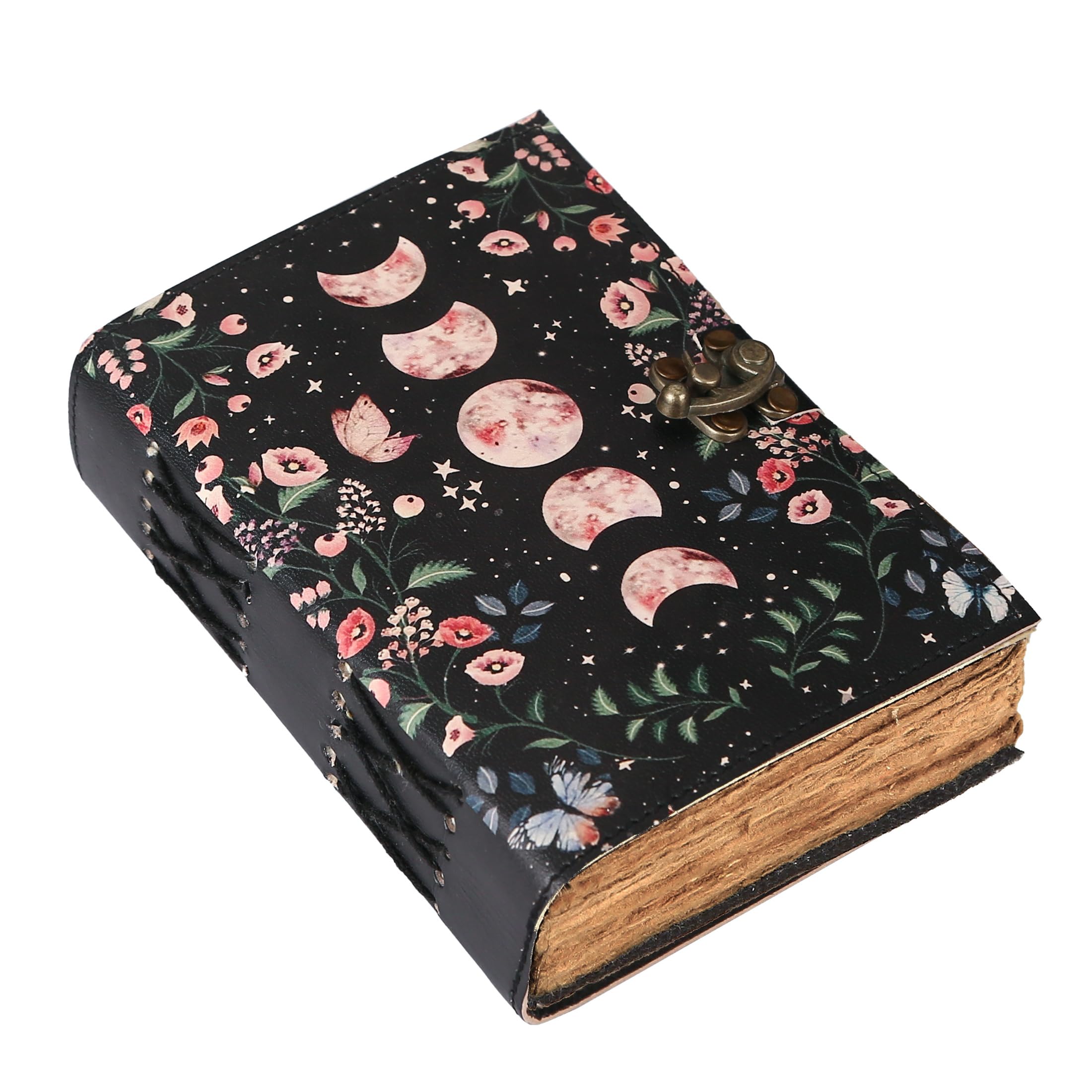 Blank Spell Book of Shadows Journal with Lock Clasp Celestial Handmade Vintage Leather Journal Moon Phase Print Diary Prayer Pagan Witchcraft Supplies