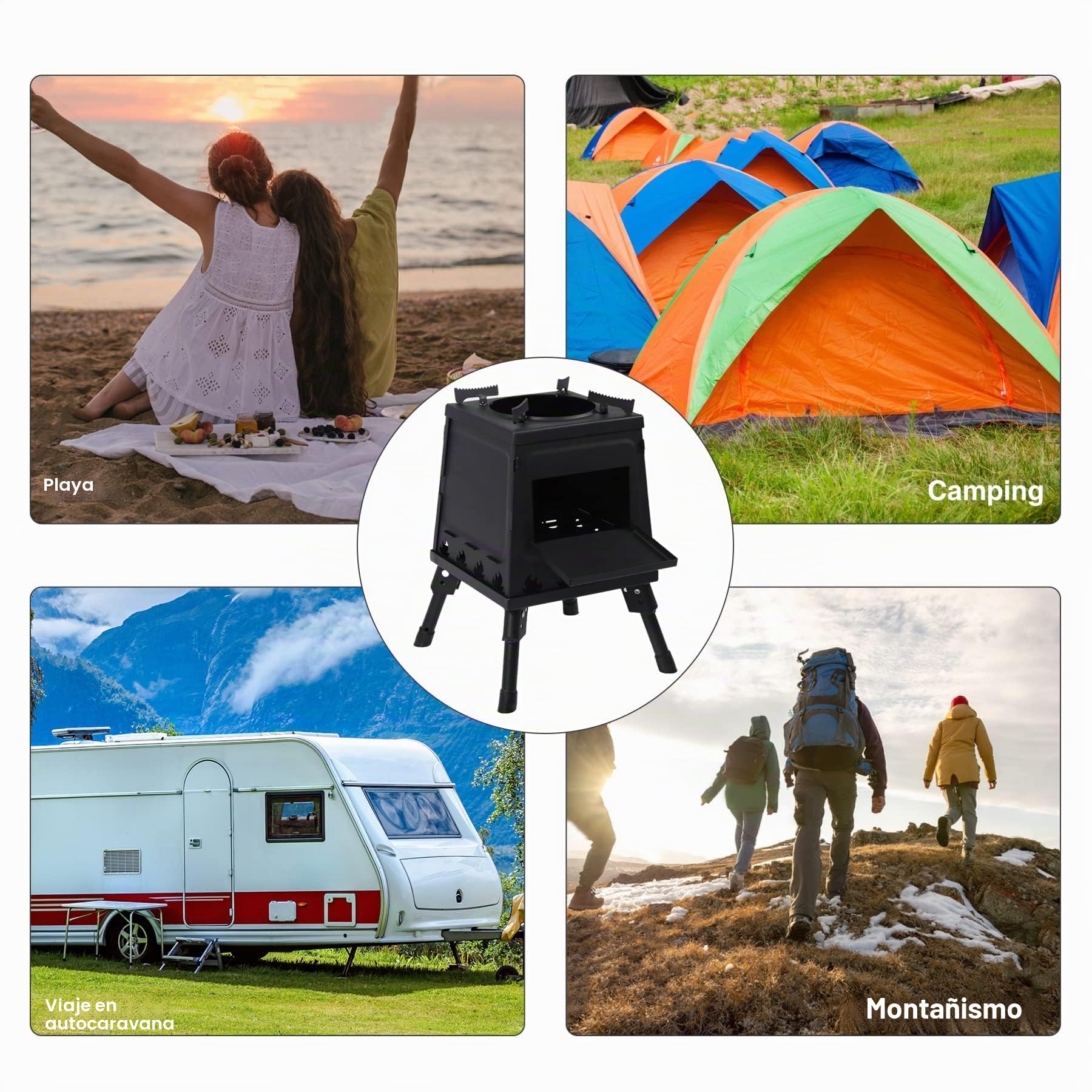 Estufa de Leña Portátil de Hierro Fundido para Camping, Negra Con Funda de Transporte para Mochileros, Cocina Al Aire Libre, Grande