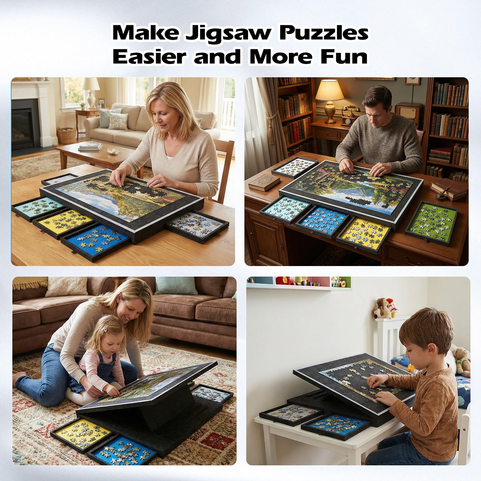 Plateau de Puzzle Pliable pour 1000 pièces, Angles d'inclinaison réglables, 5 tiroirs colorés Amovibles, Surface en Feutre antidérapante et Bords surélevés, Couvercle de Protection en Feutre