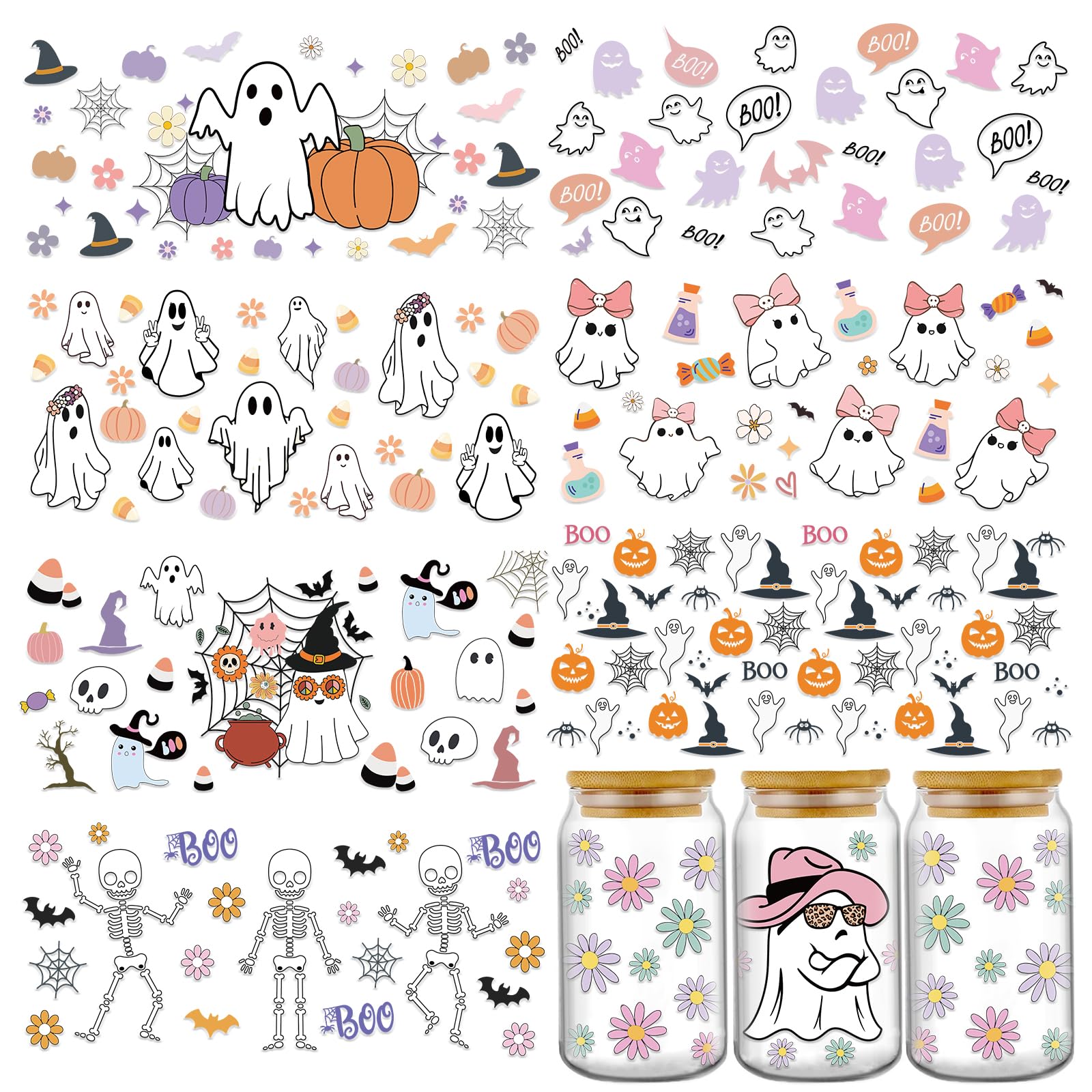 Eiapadeor Halloween Rub on Transfer Stickers - 8 Sheets Ghost Skeleton UV DTF Cup Wraps, Skull Pumpkin UVDTF Wraps, Waterproof Rub on Decals for Glass Cups, DIY Transfer Crafts