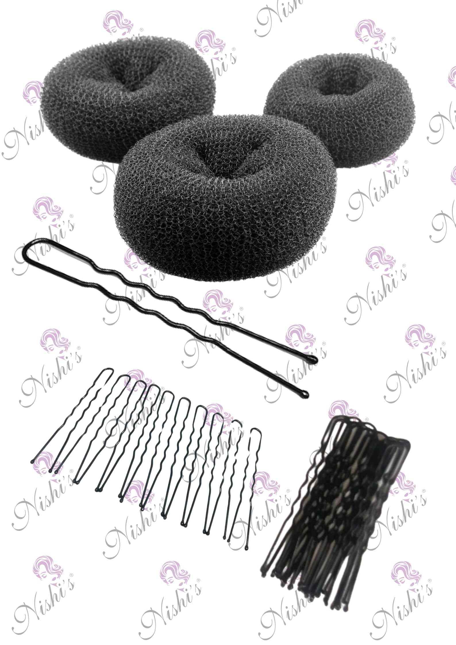 Nishi's Combo Hair Donut Bun Maker And Juda Pins (DonutJudaP-3(30), Hair Styling Tools Hair Donut Bun (Two Medium And One Small Size) With U-Pins (30 Pcs - 7Cm) Black-image-32
