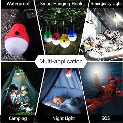 Miniatura 5 de PEMOTech Paquete de 4 faroles de campamento, 4 modos de iluminación, bombillas LED de campamento con ganchos de clip, impermeables, portátiles,