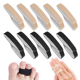 JFHNMLW 10 Pcs Buddy Tape Finger Straps, Hook and Loop Splint for Finger Buddy Straps, Index Finger Splint Buddy Tape Washable and Reusable Toe Straighteners for Curled Toes to Support Black+Beige