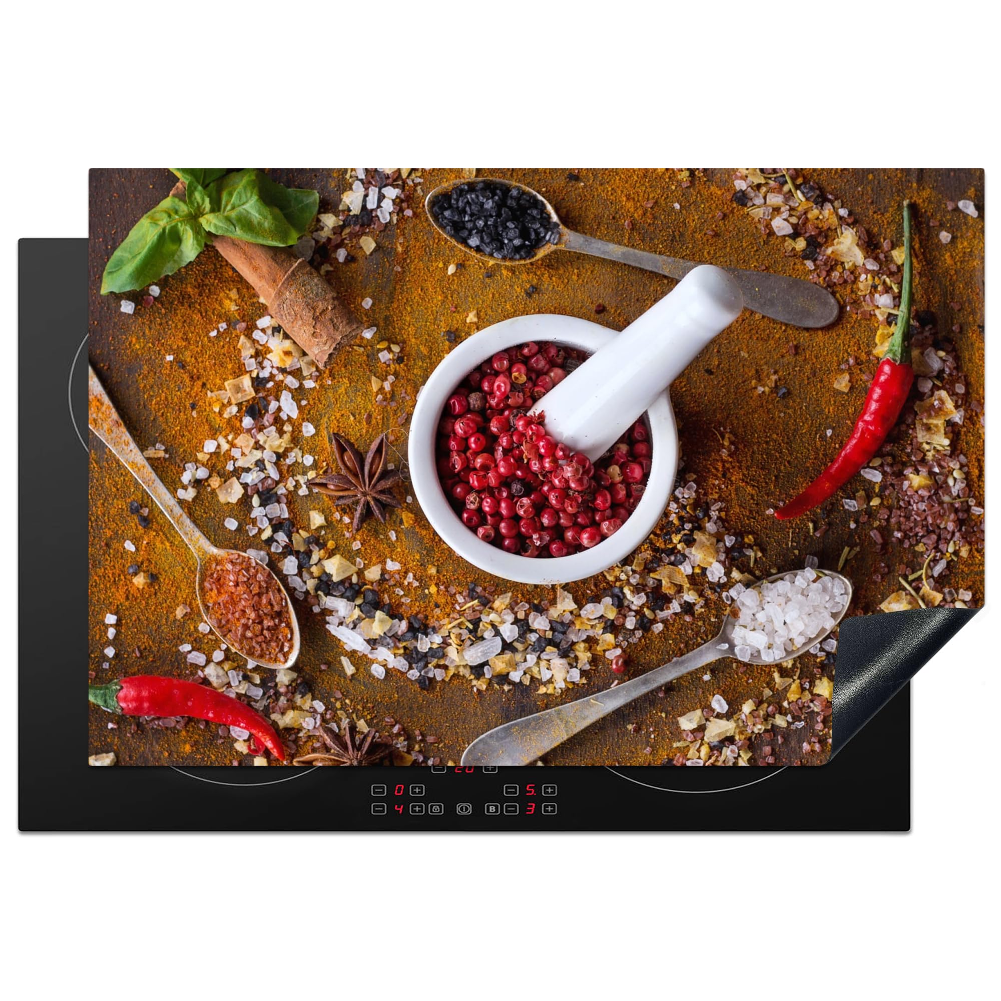 KitchenYeah© Induction Hob Protector Mat 20.3"x29.9" / 76x51.5 cm Cooker Top Protectors Cover Ceramic Covers Electric Hobs Vinyl Mortar - Herbs - Spoons - Spices - Brown - Pepper