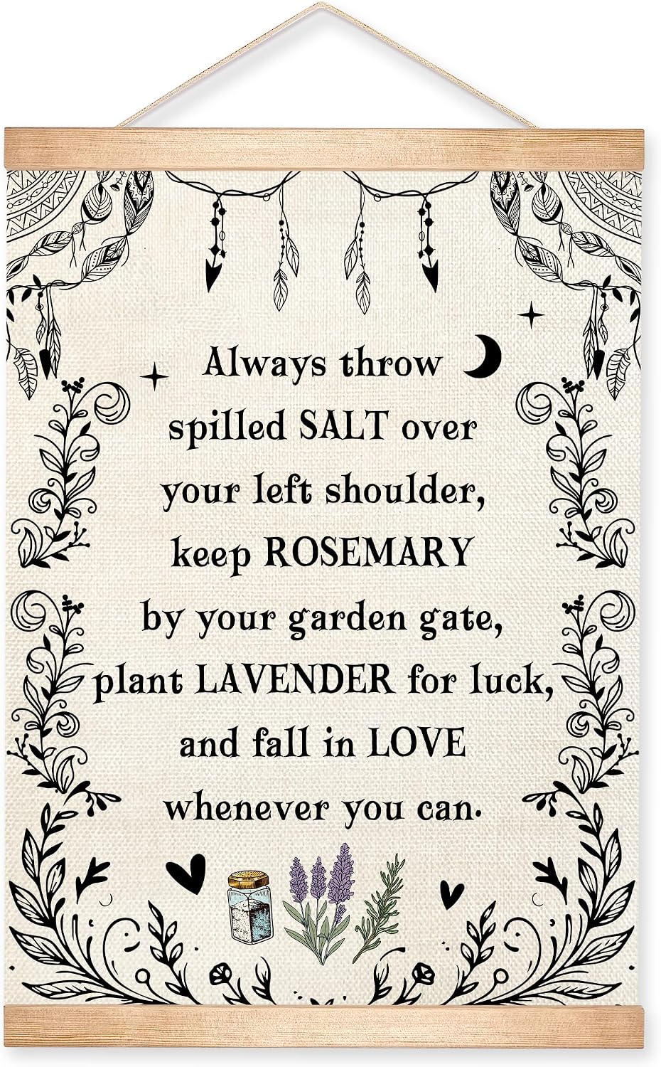 Practical Magic Wall Art Decor -Always Throw Salt Over Your Left Shoulder- Salt Rosemary Lavender Floral Canvas Print with Wood Frame Wall Hanging Poster for Bedroom Living Room Kitchen14x18.5 Inch(White)