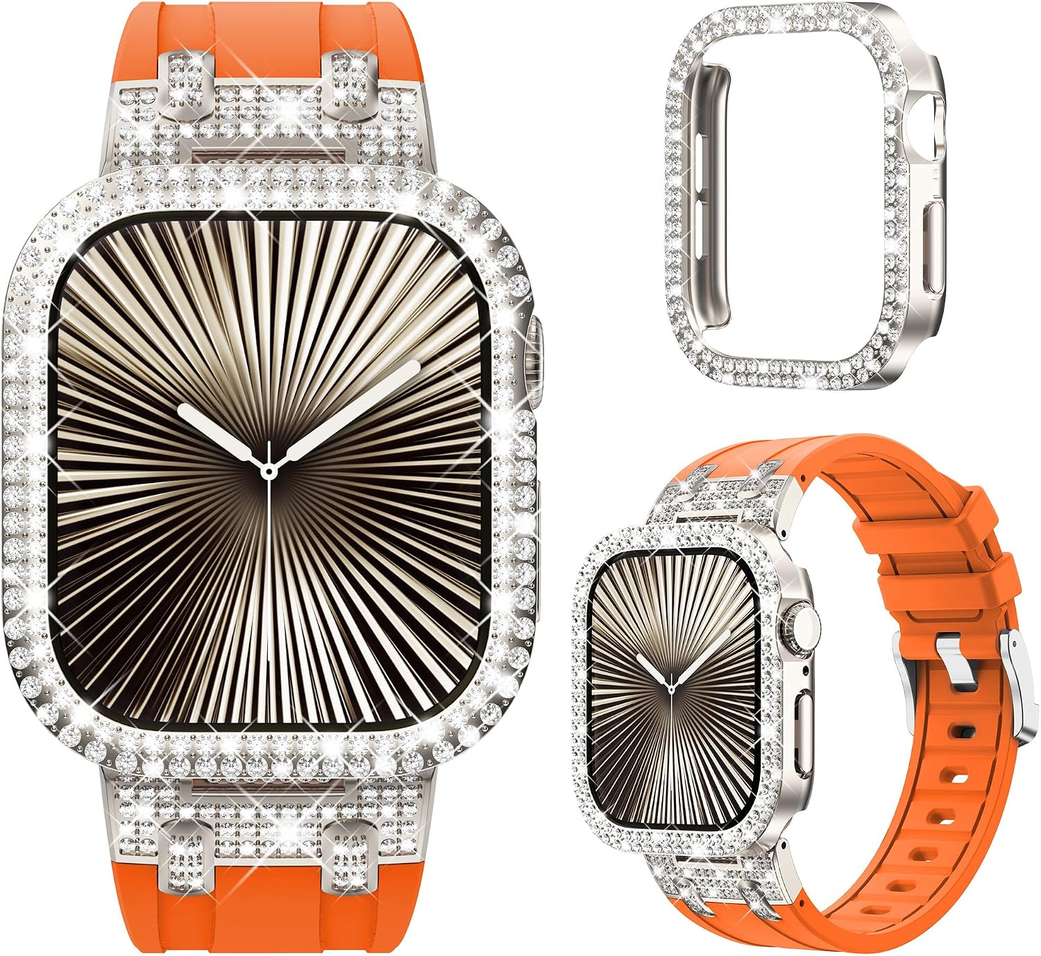 NewWays for Apple Watch Band with Case Women Luxury Designer, Bling 2-Row Diamonds Case Silicone Band with Metal Adapters for Series 11 10 9 8 7 6 5 4 Bands