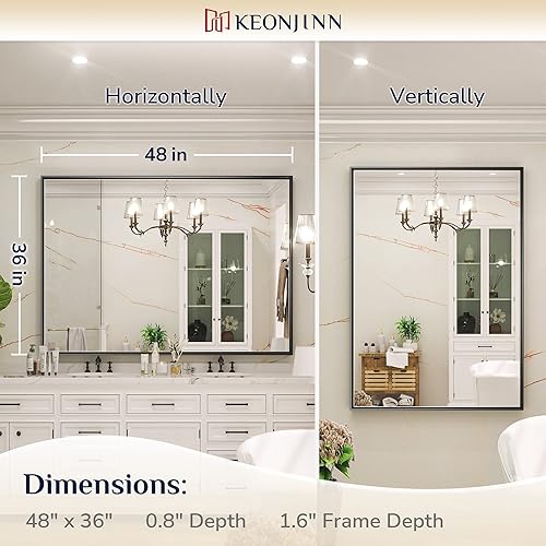 Miniatura 178 de Keonjinn Espejo de baño dorado de 48 x 36 pulgadas, espejo rectangular con marco de metal dorado cepillado, espejo de pared grande rectangular