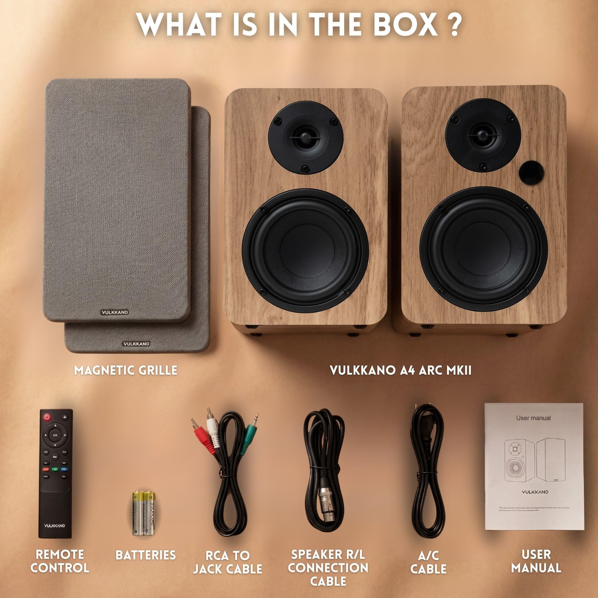 VULKKANO A4 ARC MKII - Altoparlanti autoamplificati con woofer da 4", Bluetooth 5.0, HDMI ARC, ottico, RCA, USB, con uscita subwoofer, monitor da studio dal design elegante, colore marrone