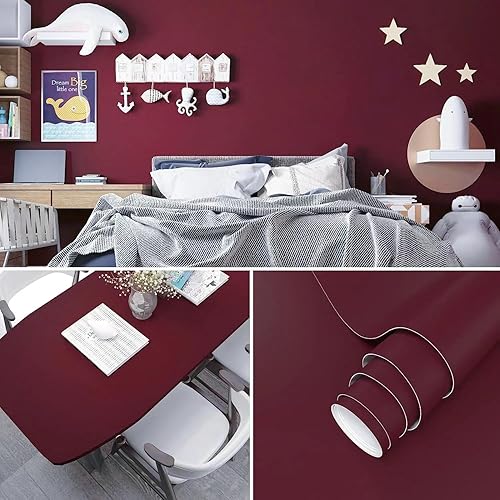 XRUIBZI Papel tapiz color burdeos sólido de 23.6 x 197 pulgadas, papel tapiz de vinilo para despegar y pegar, papel de contacto puro, papel de