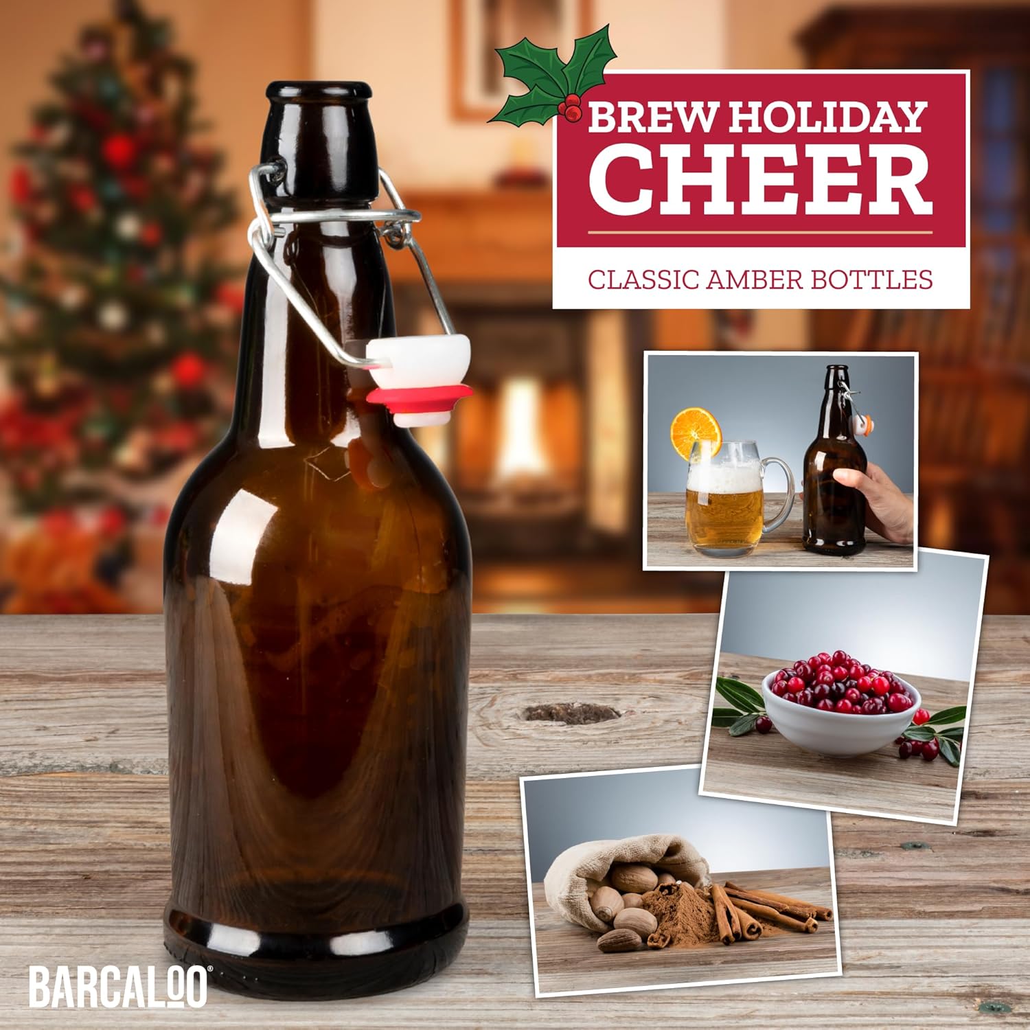 Barcaloo 16oz Amber Glass Beer Bottles for Home Brewing - 12 Pack with Flip Caps - Family Owned American Brand