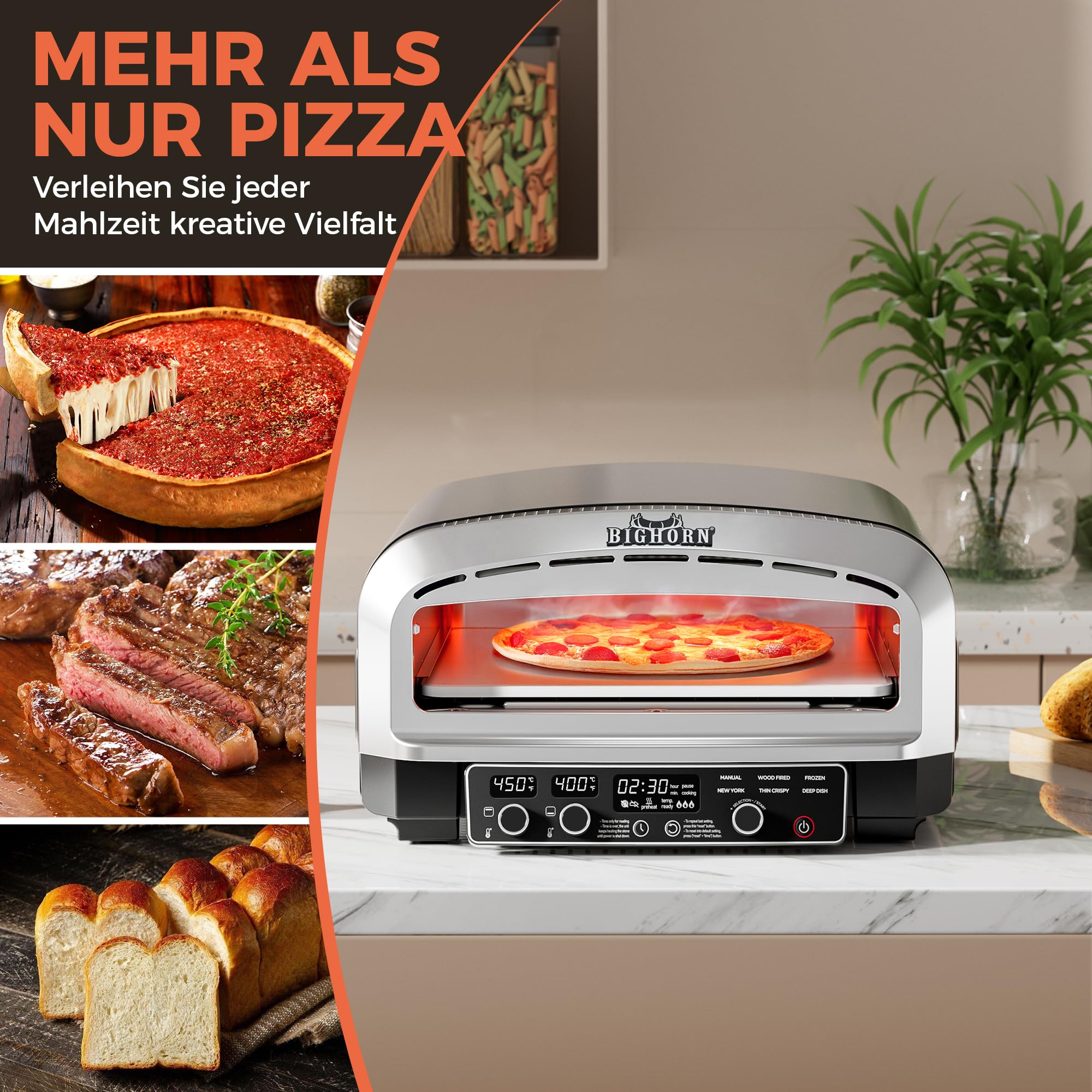 BIG HORN OUTDOORS Pizzaofen für den Innenbereich, 35 cm Elektro-Tischpizzaofen mit 6 voreingestellten Modi, perfekte Pizza-Backmaschine für zu Hause, Pizzaofen mit Pizzastein und Pizzaschaufel