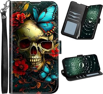 for iPhone 17E/16E Case Wallet Cover with 3 Card Slots Kickstand Soft TPU & PU Leather Magnetic Closure Flip Phone Case for iPhone 17E/16E 6.1 inch 2025/2026 - Blue Butterflies Skull