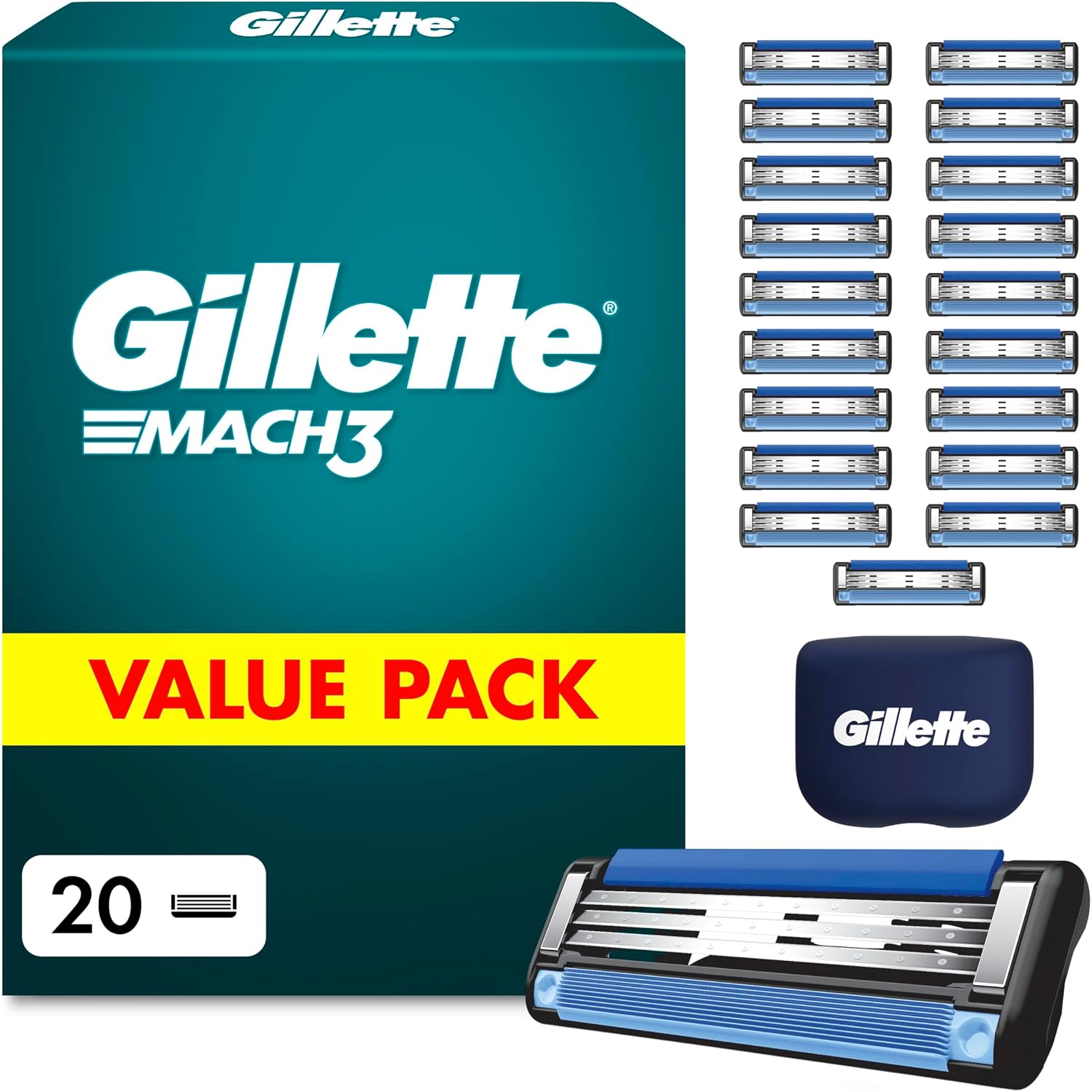Gillette Mach3, 3-Bladed Razor Blade Refills for Men - 20 Count