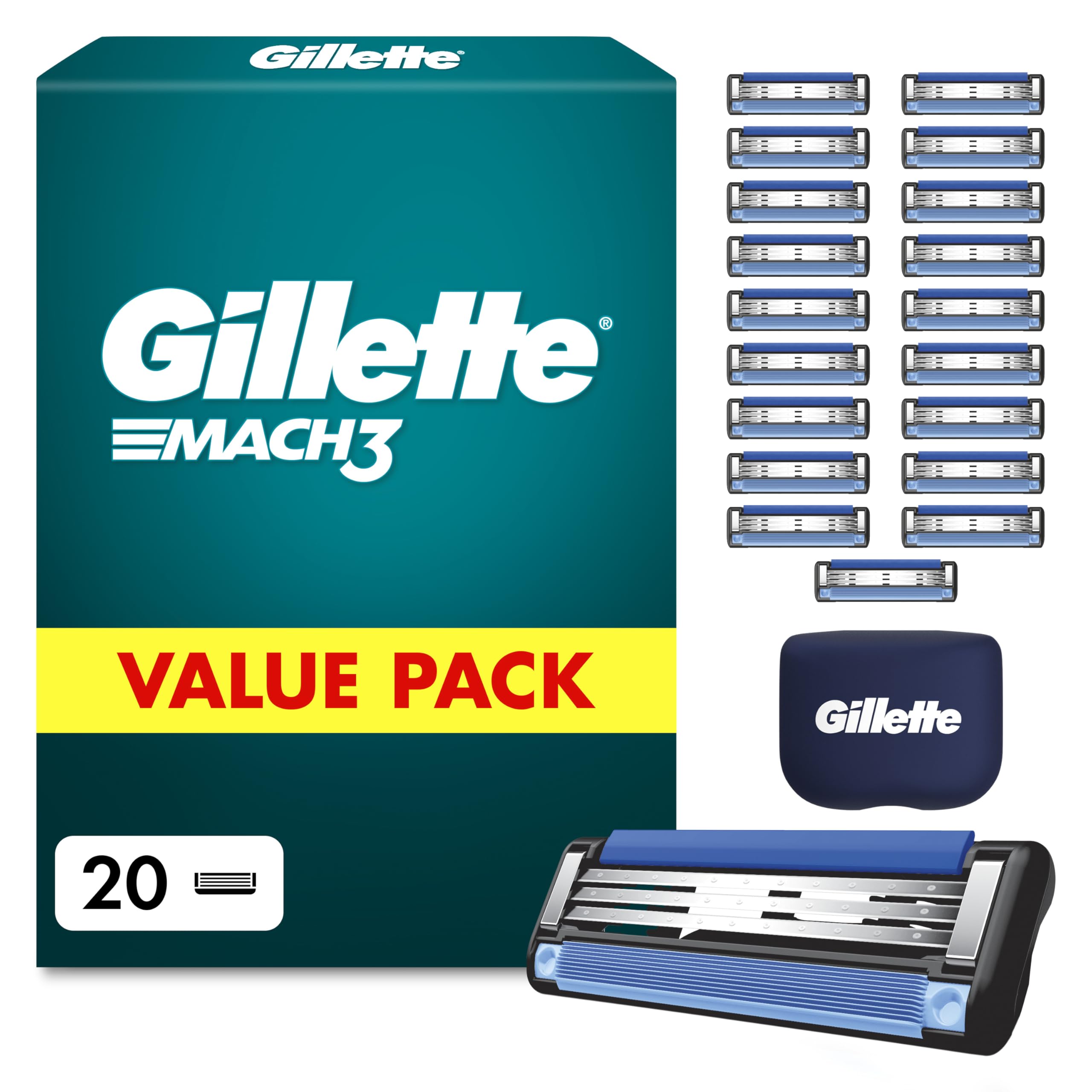 Gillette Mach3, 3-Bladed Razor, 20 Razor Blade Refills, with Blade Cover