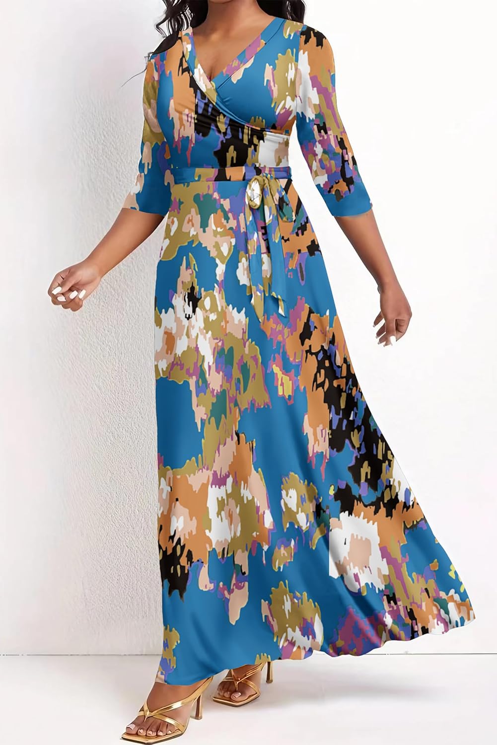 FANDEE Women's Maxi Dress 2024 Floral Print Boho Dress Summer Long Maxi Dress V-Neck 3/4 Sleeve with Pocket - Image 3