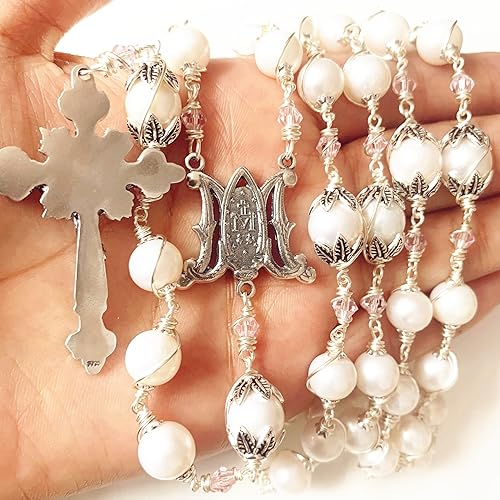 Miniatura 6 de elegantmedical Collar de rosario católico hecho a mano de plata de ley con perlas blancas, caja de regalo de crucifijo con cruz, Peltre, Perla
