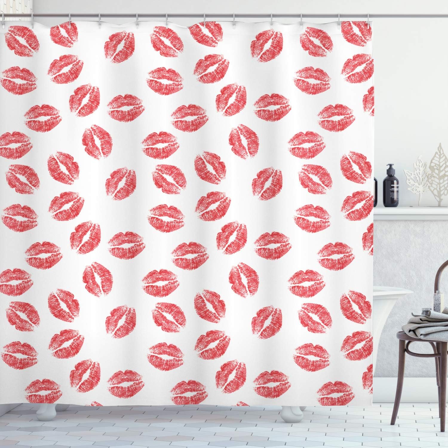 Ambesonne Feminine Shower Curtain, Pattern of Lipstick Kiss Marks Woman Valentines Wedding Theme Illustration, Cloth Fabric Bathroom Decor Set with Hooks, 69" W x 70" L, White Red