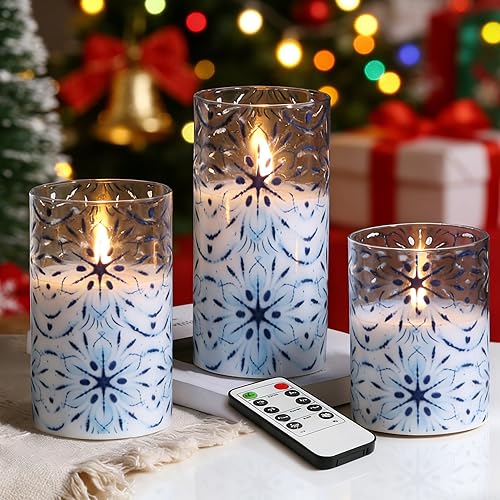 Eywamage Blue Snowflakes Glass Flameless Pillar Candles with Remote, Flickering