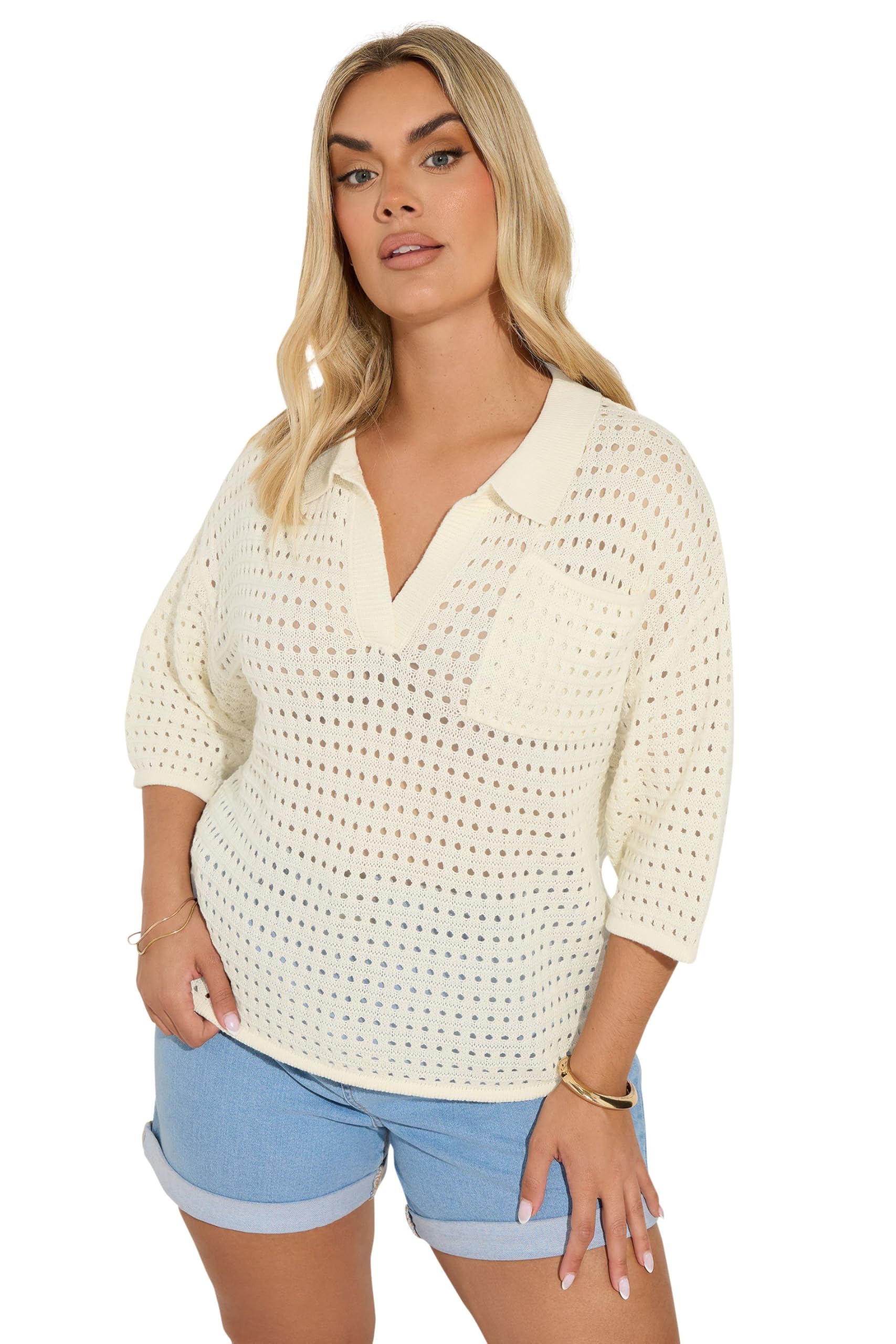 Yours Women's Ivory Curve White Crochet Collared Knitted Jumper - Plus Size Curve
