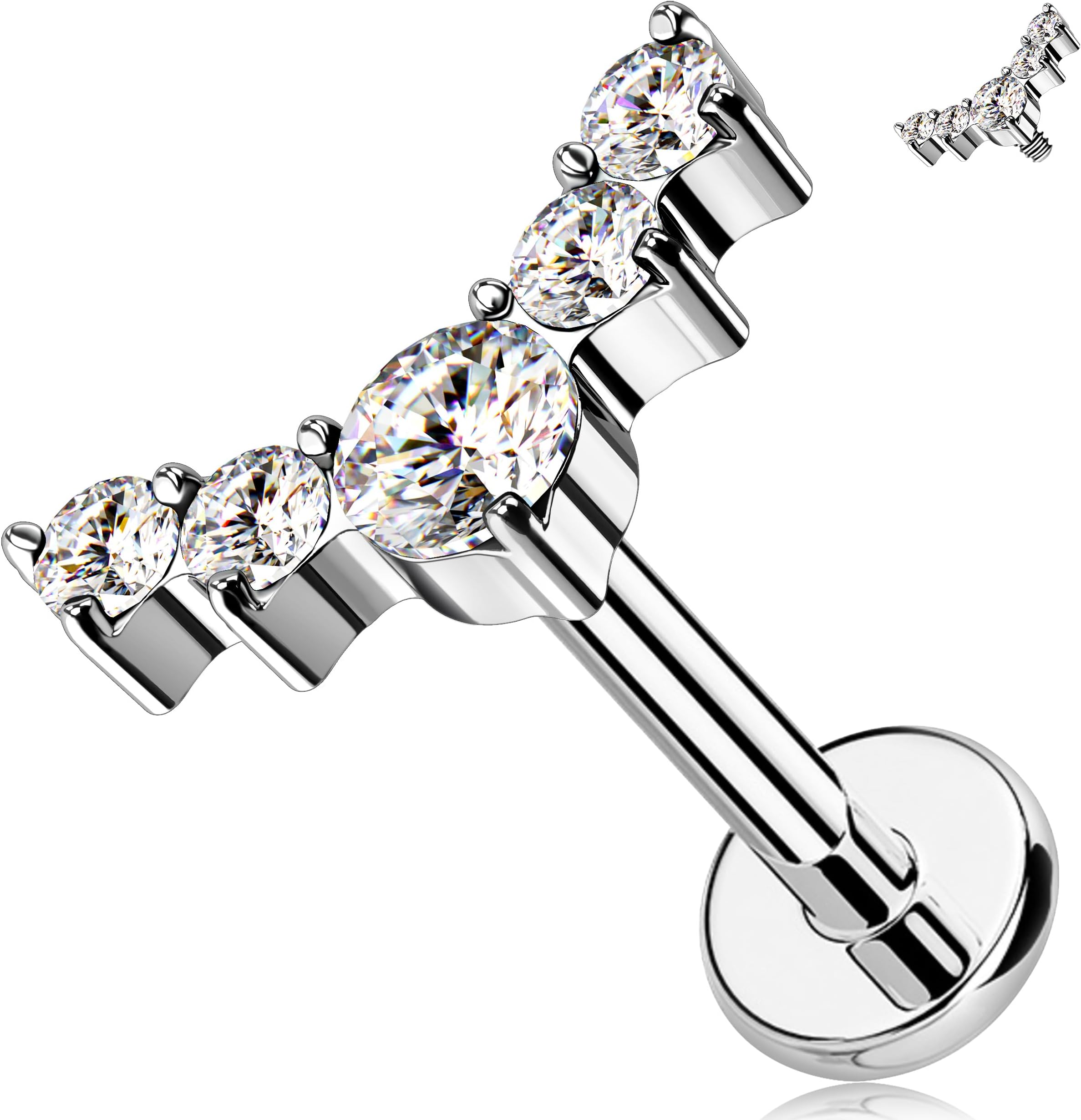 Titanium Conch Piercing Jewelry Internally Threaded 16G Cured Cartilage Earring Clear CZ Titanium G23 Helix Piercing Jewelry 8mm Labret Jewelry for Wome