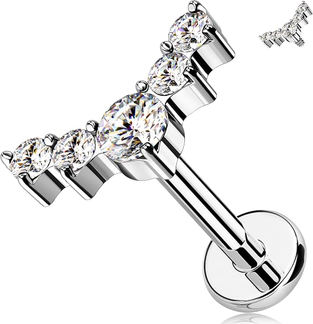 Melighting 16G Internally Threaded Labret G23 Solid Titanium Helix Earring Curved Cartilage Earring Flat Back Labret Piercings Jewellery Tragus Conch Earring with CZ Prong Setting
