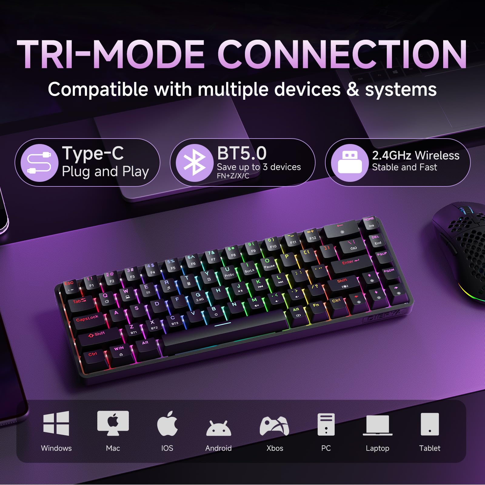 Dierya DK68 Tastiera Gaming Wireless,60% Tastiera Meccanica Bluetooth/2.4G/USB-C RGB,Interruttore Rosso,Double-Shot ABS Keycaps Compatibile con Win/Mac,Nero(Layout US,QWERTY)