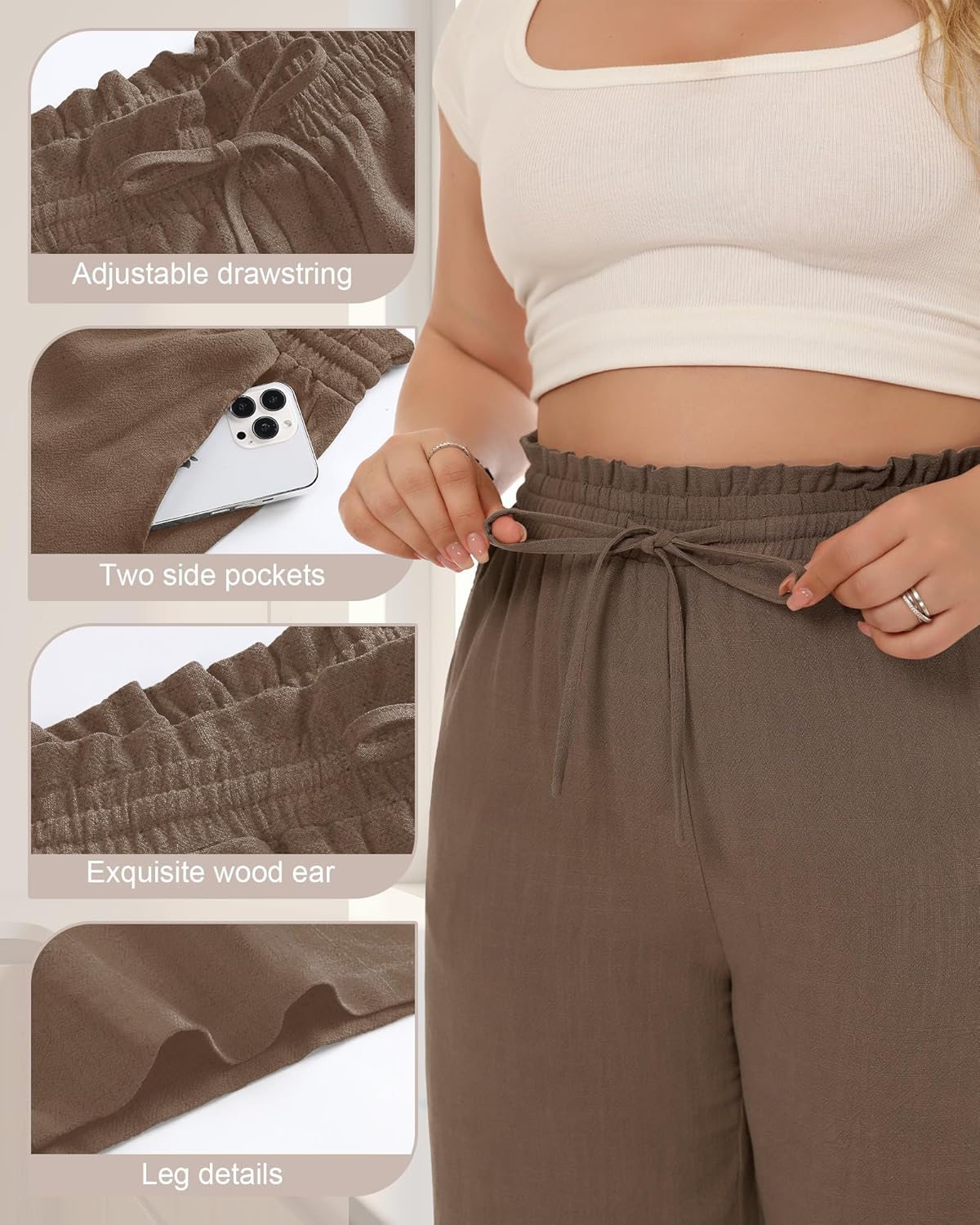 Neer 2 Pack Women's Plus Size Linen Capris Wide Leg High Waisted Drawstring Cropped Pants Beach Pants with Pockets - Image 6
