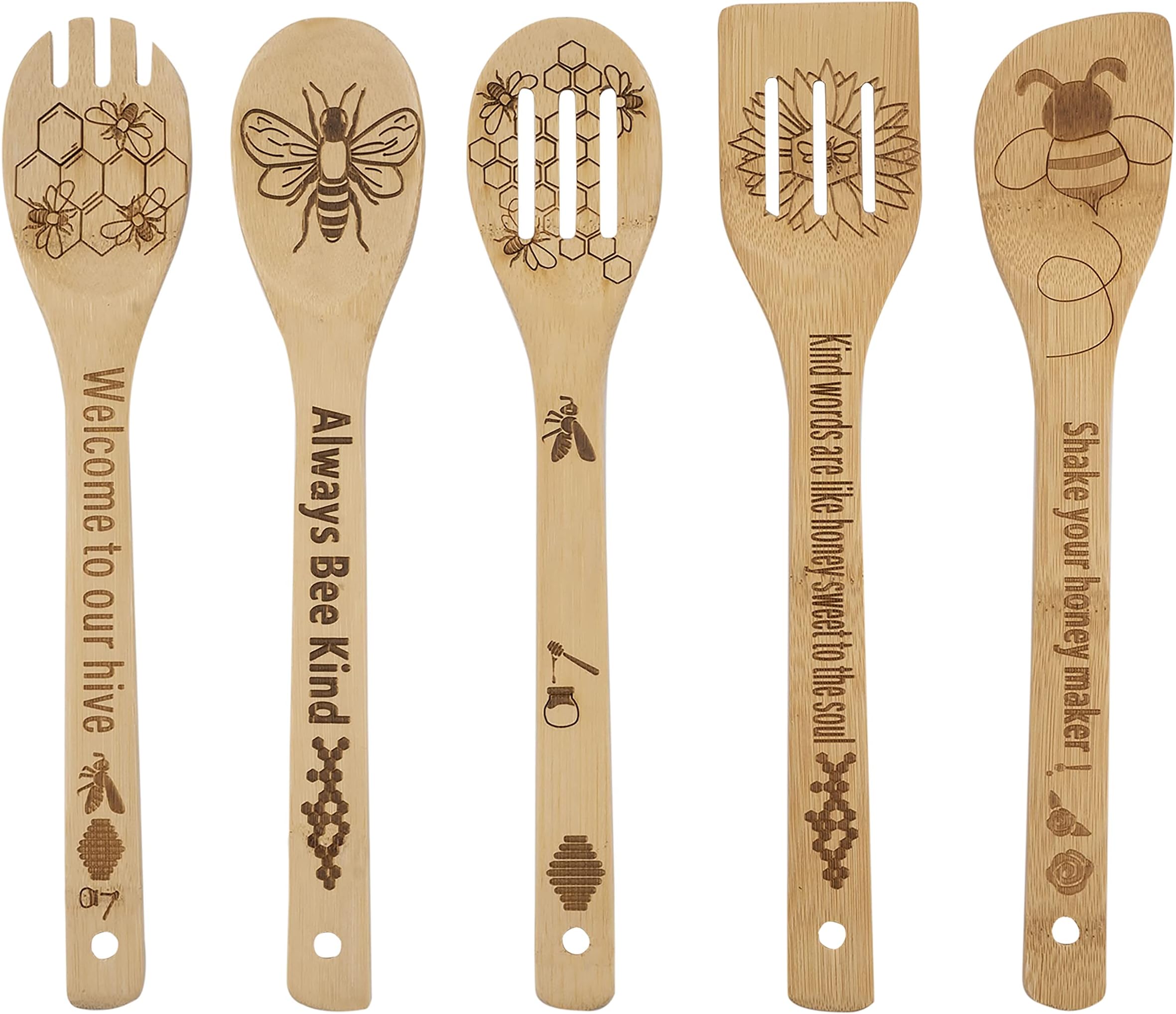 YUJU 5PCS Bee Wooden Cooking Spoons Set, Bee Themed Party Favor, Bamboo Cooking Utensil Spoons, Wedding Mom Gift Idea Decor