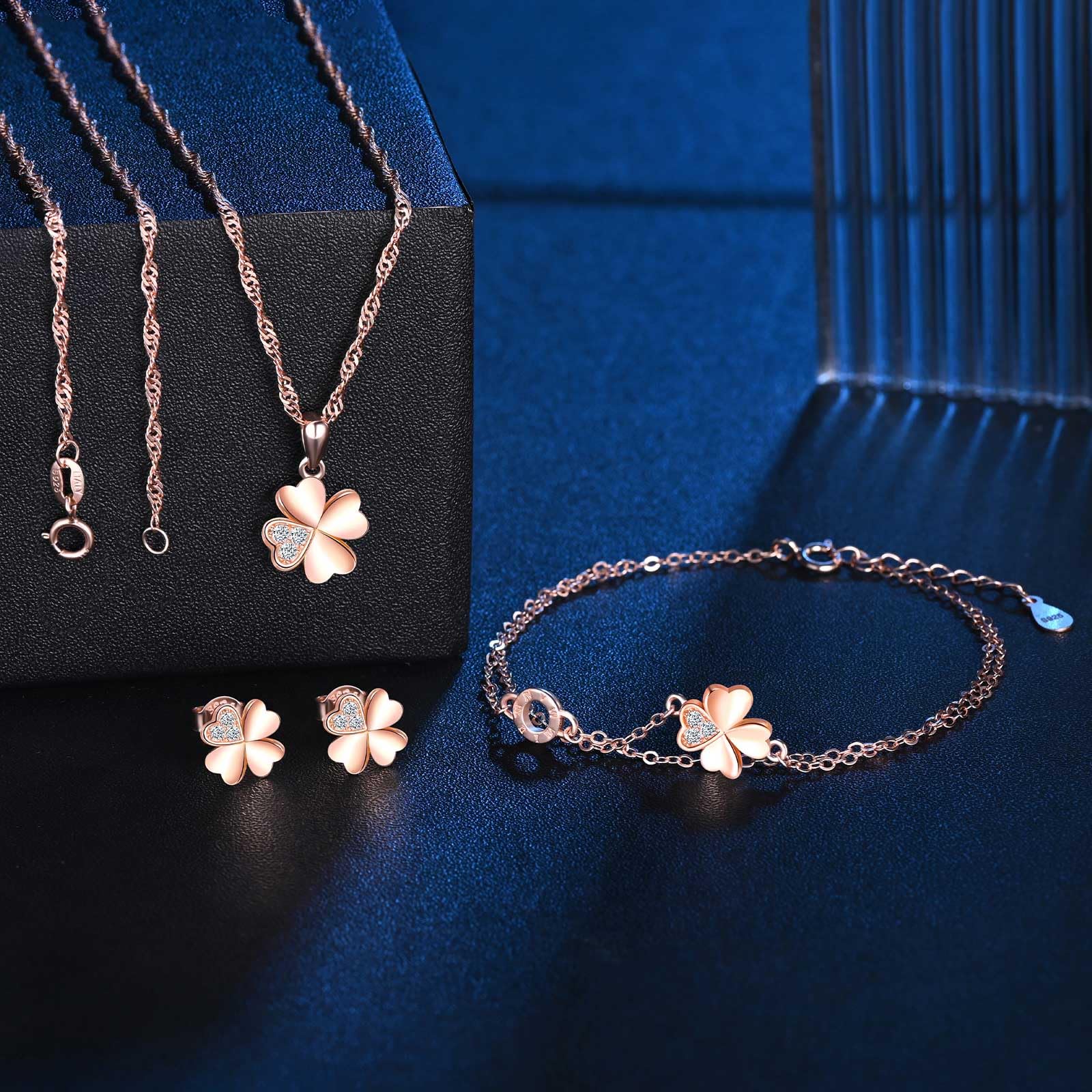 Juegos de 3 Collar Pendientes y Pulsera para Mujer y Niñas, Colgante Trébol con Cadena 45cm, Aretes Trébol Circonita, Pulsera Trébol Oro Rosa, Plata de Ley 925 Conjuntos Joyas