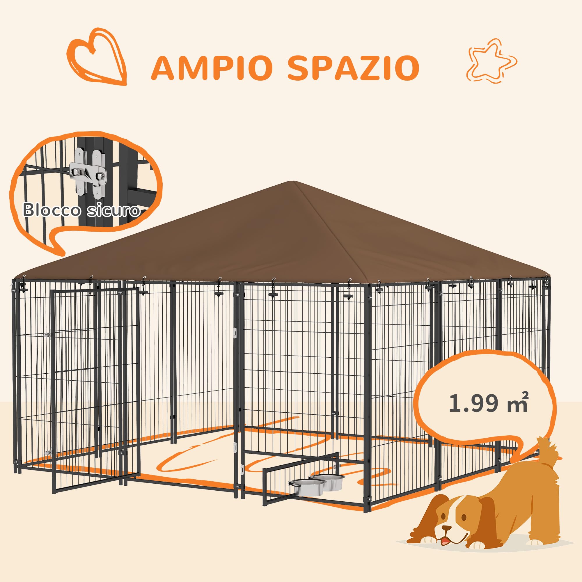 PawHut Recinto per Cani da Esterno, Box per Cani in Acciaio 211x211x151 cm con Tetto Anti-UV, Impermeabile, Ciotola Girevole, Kennel Recinzione Spazioso per Cuccioli, Giardino, Nero e Marrone
