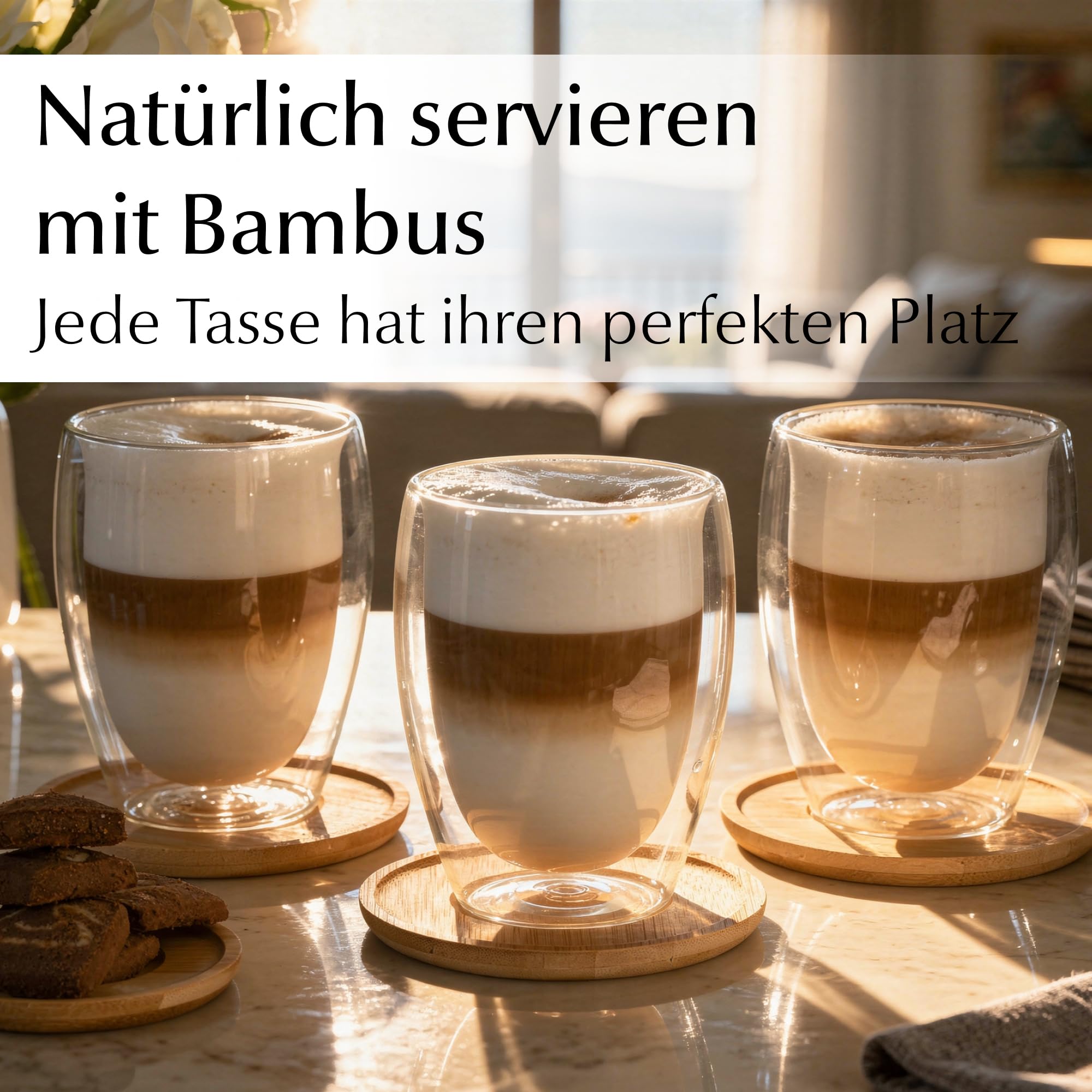 MIAMIO - Latte Macchiato Tassen/Doppelwandige Gläser Set 6er (350 ml) | Kaffeetassen ohne Henkel aus Glas, Thermogläser für Latte Macchiato, Tassen Set mit Untersetzern - spülmaschinenfest