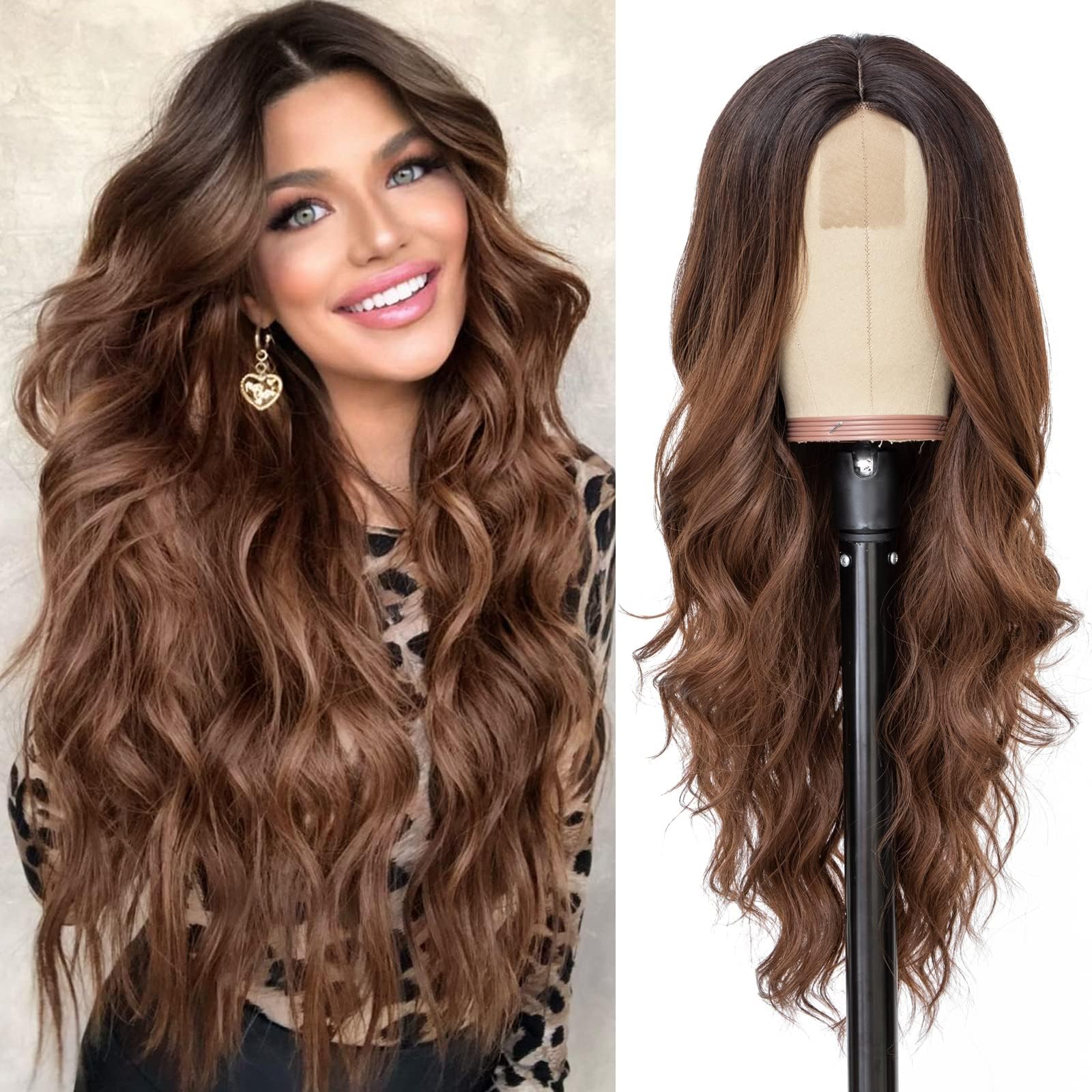 NAYOO Long Ombre Brown Wavy Wig for Women 26 Inch Middle Part Curly Wavy Wig Natural Looking Synthetic Heat Resistant Fiber for Daily Party Use (Ombre Brown)