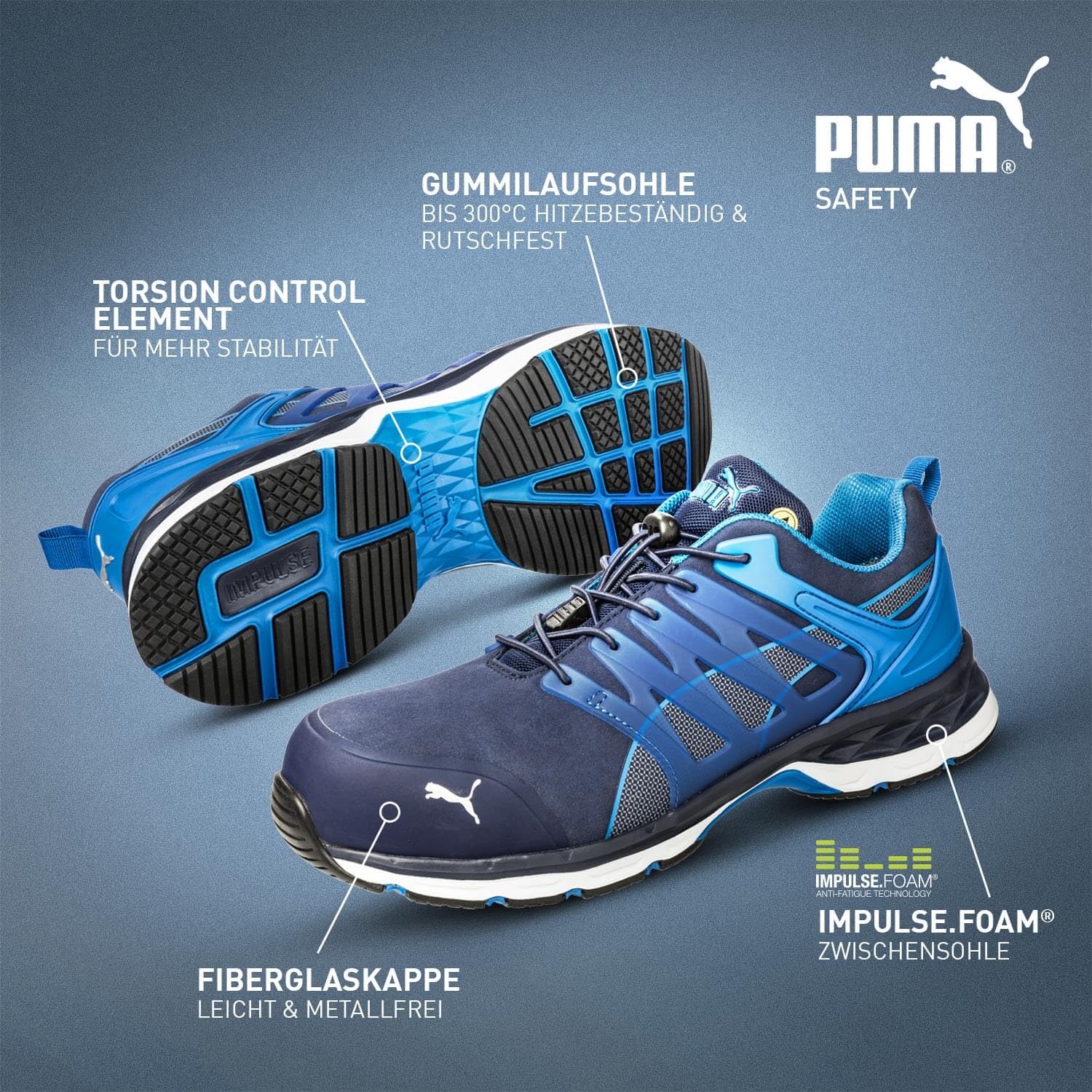 PUMA Safety Velocity 2.0 Blue Low buty robocze, buty ochronne, S1P SRC, czapka z włókna szklanego dla mężczyzn