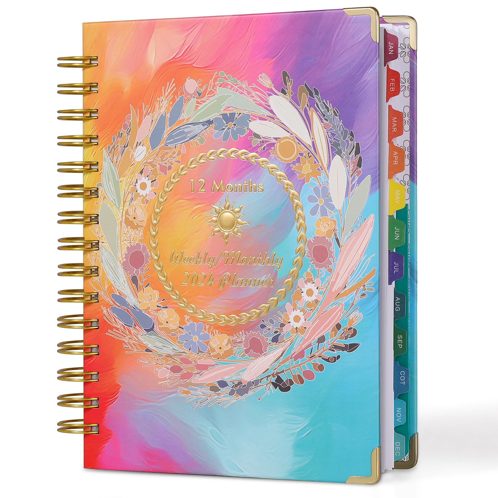 Clonynix 2024 Weekly Planner January -December, Monthly & Daily Hardcover 6x8 Yearly Rainbow Notebook 248 Pages,Foil-stamped Cover,Colorful Month Tabs,Global Holidays (WING)