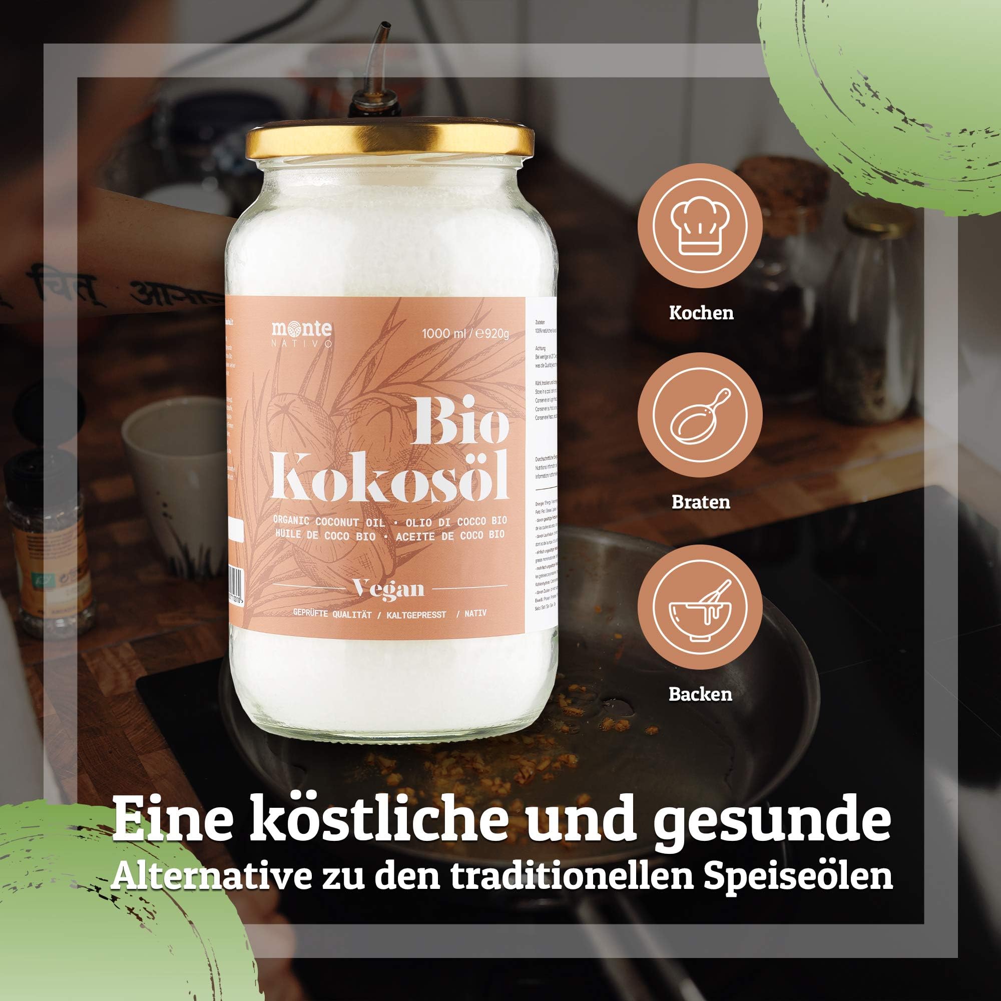 Kokosöl Bio Monte Nativo 1000ml (1L) - Coconut Oil - Kokosnussöl in Rohkostqualität - Reines Kokosfett - Bio Kokosöl nativ kaltgepresst zum Kochen, Braten und Backen, für die Haare, Zähne und Haut