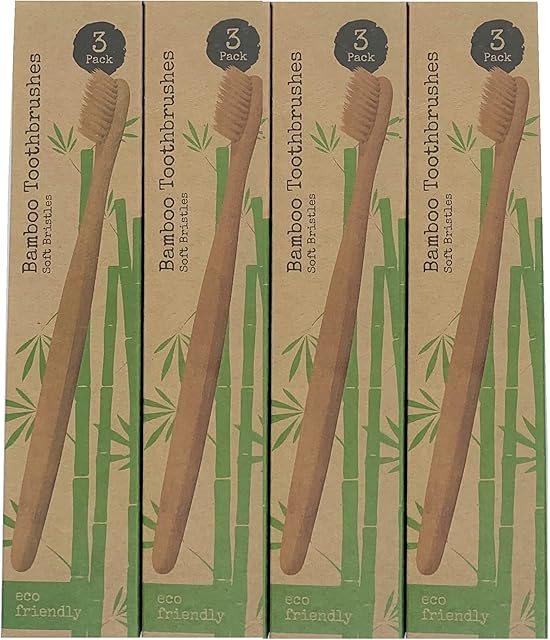Bamboo Toothbrush 12 (4 Packs of 3) Soft Charcoal Bristles Eco Friendly [NATURALNATION] BAM-3PACK-4