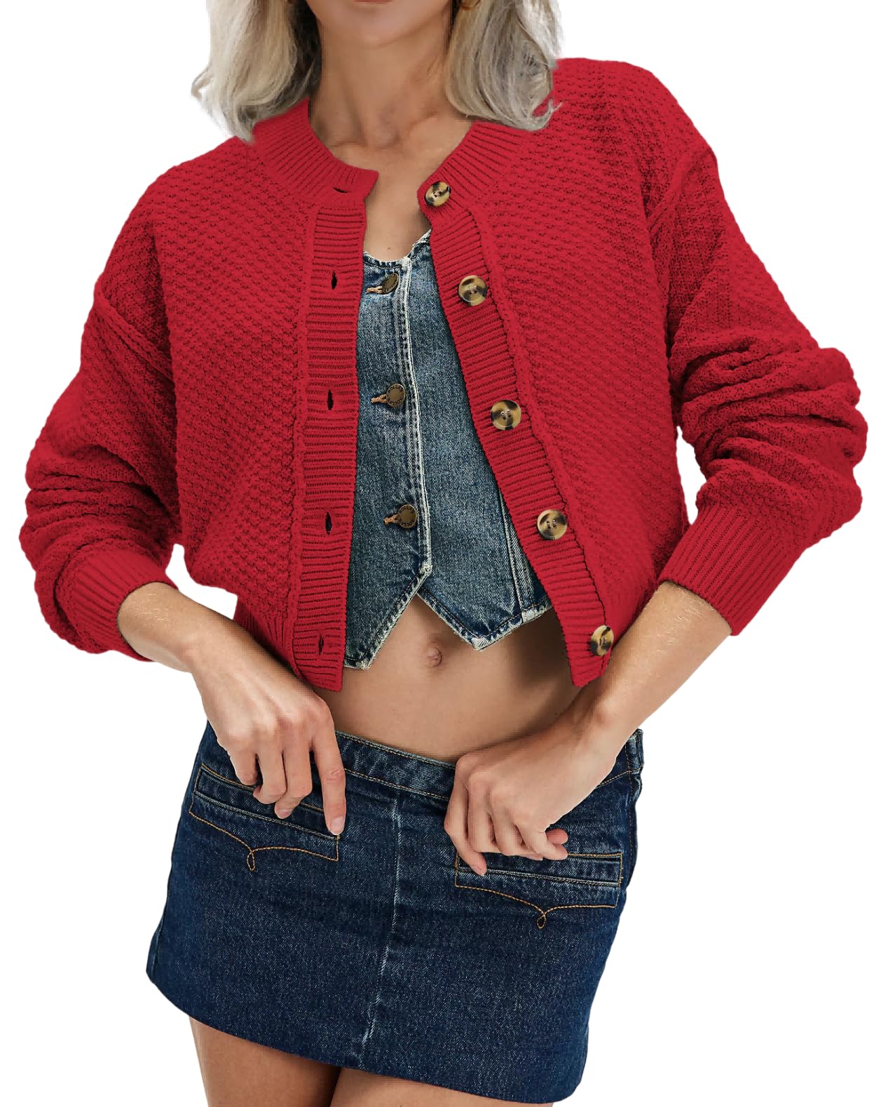 AGSEEM Cropped Cardigan for Women Button Down Sweaters Long Sleeve Crew Neck Solid Color Tops Knit Comfy Holiday